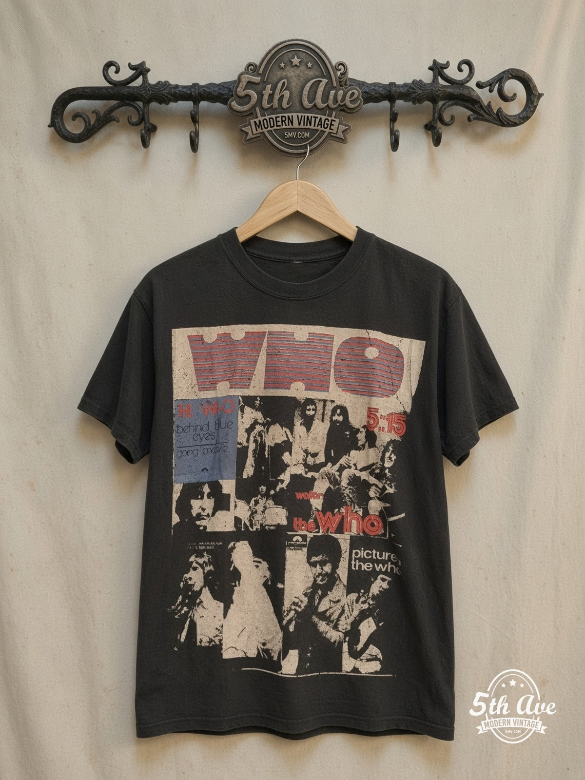 The Who – Behind Blue Eyes – Vintage Band T-Shirt — front on locked cream ornate 5th Ave rack