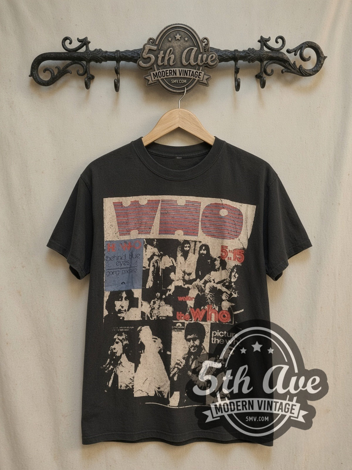 The Who Behind Blue Eyes vintage band t-shirt, front view on a display rack