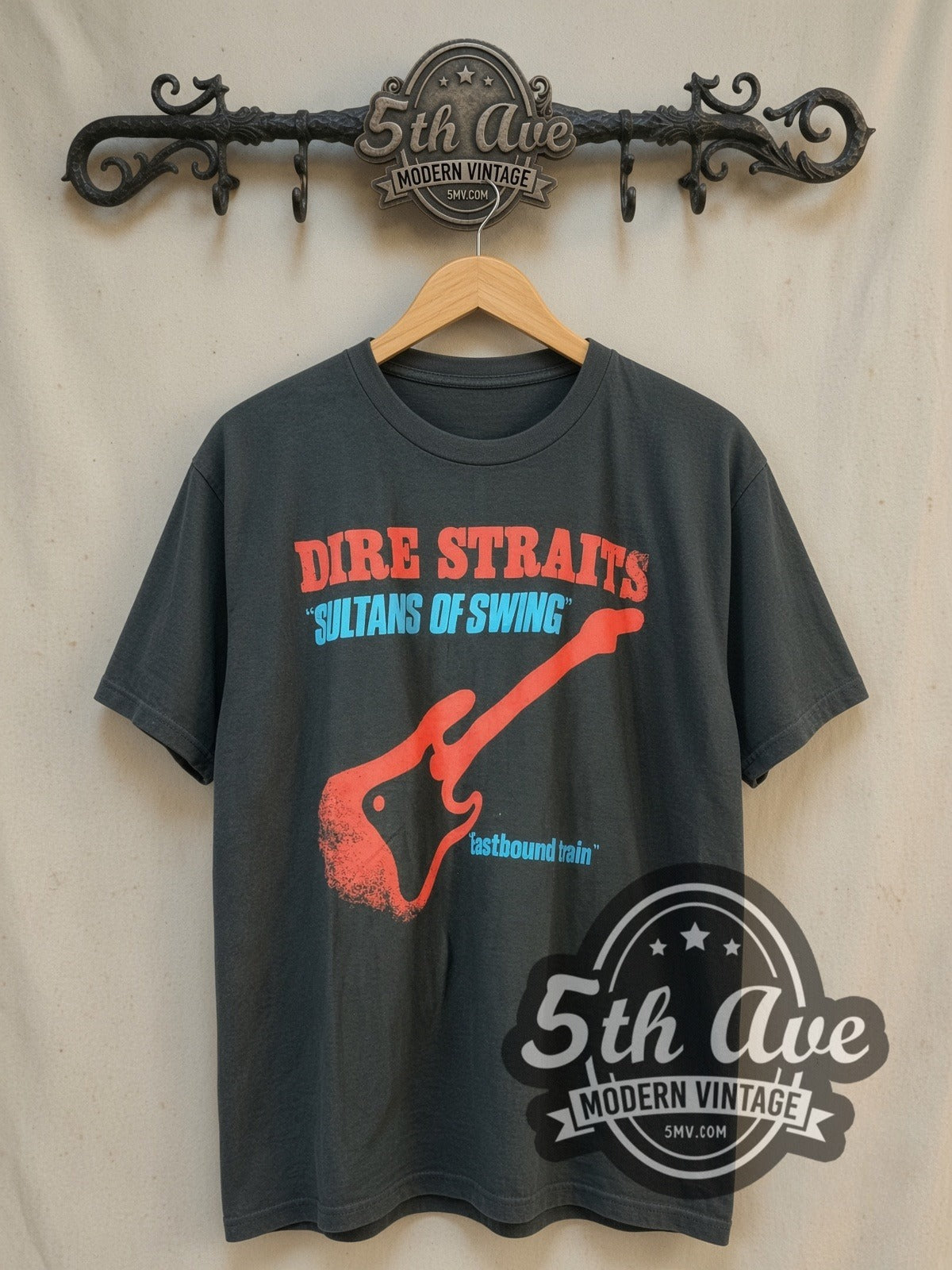 Dire Straits Sultans of Swing vintage band t-shirt, front view on the 5MV rack