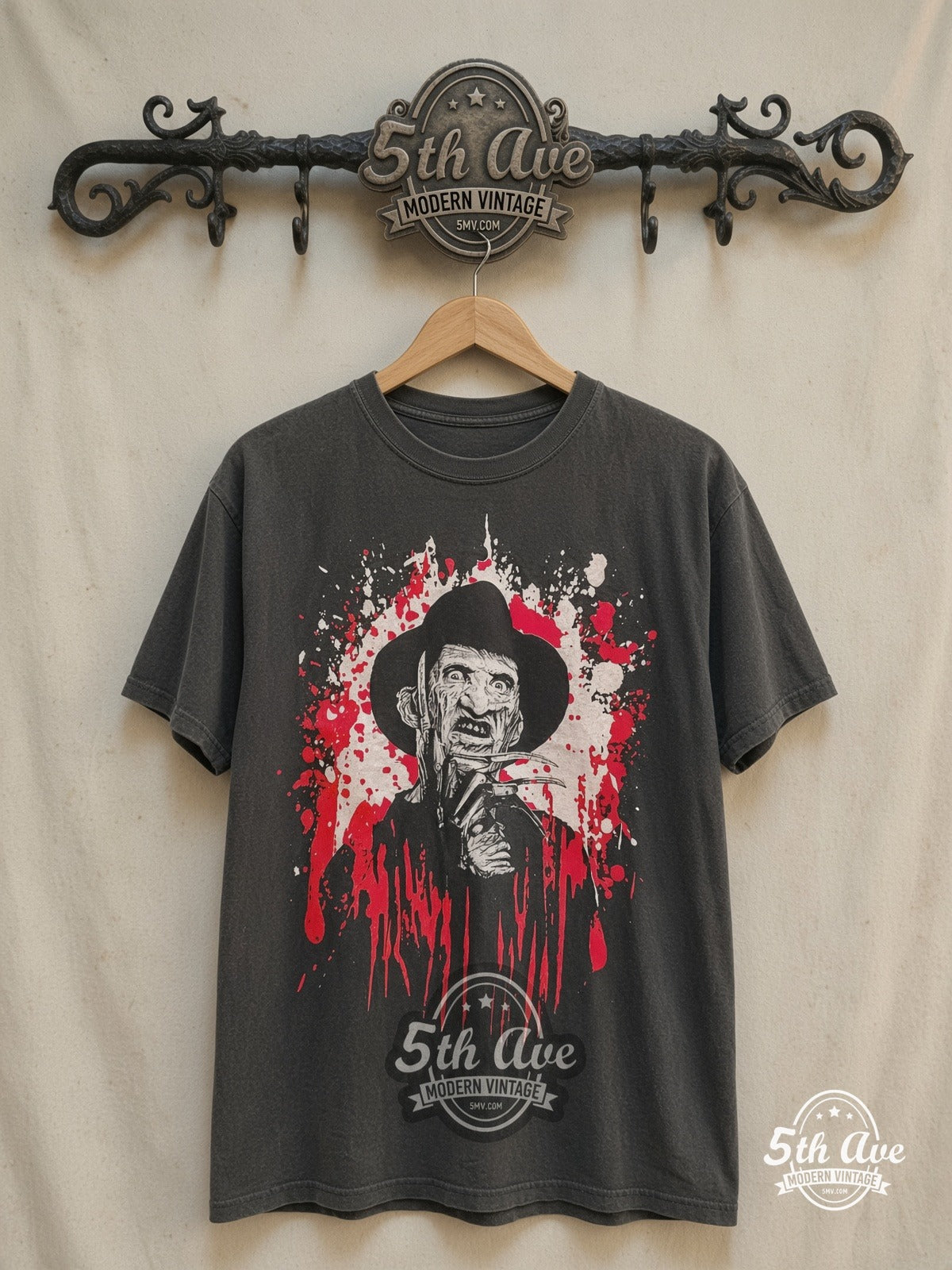 Freddy Krueger – A Nightmare on Elm Street – Vintage Movie Tee — front on locked cream ornate 5th Ave rack