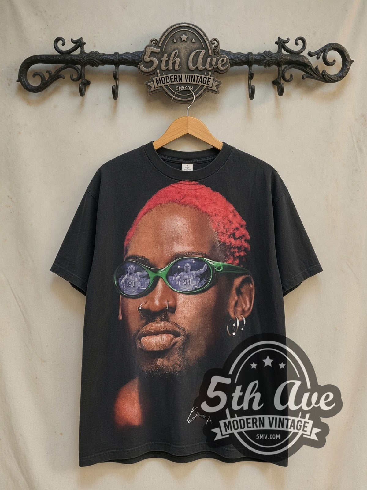 Dennis Rodman Tired Of Blending In With The Crowd? all-over-print graphic tee in black, front view on a display rack