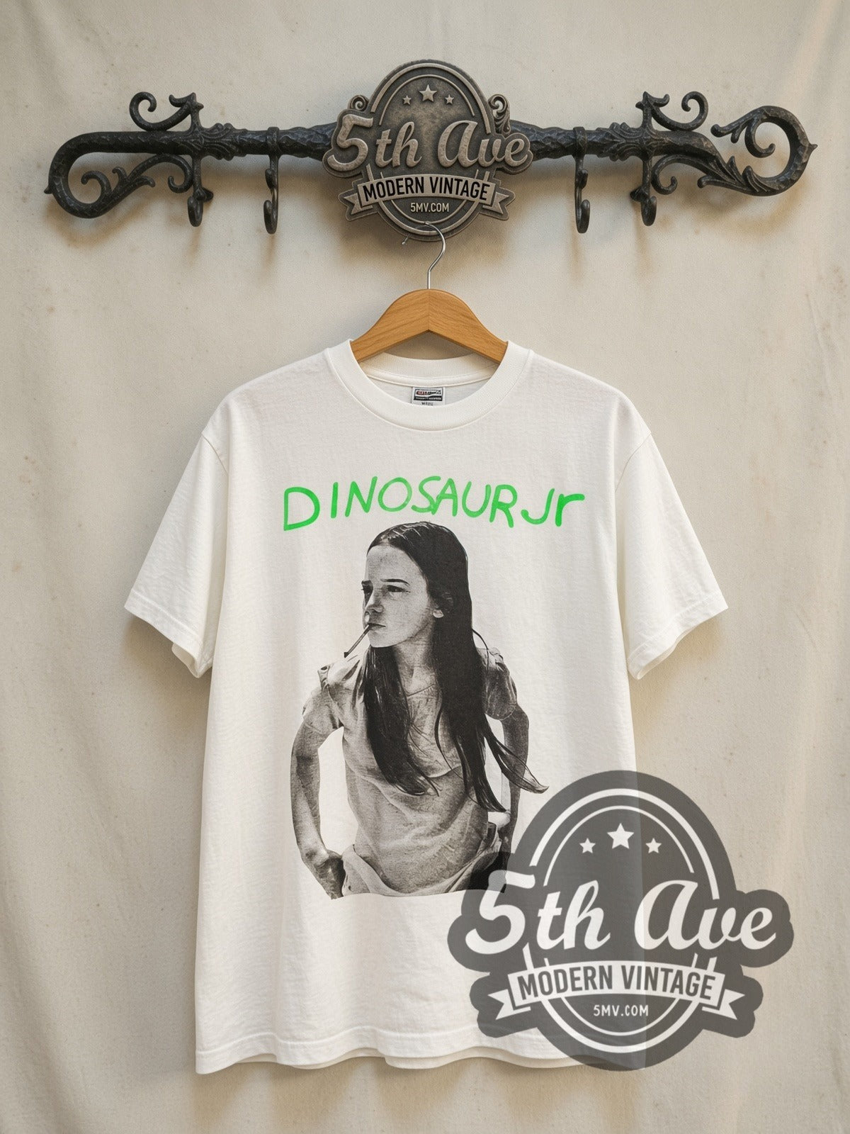 Dinosaur Jr. 'Green Mind' vintage band t-shirt in white, front view on a display rack