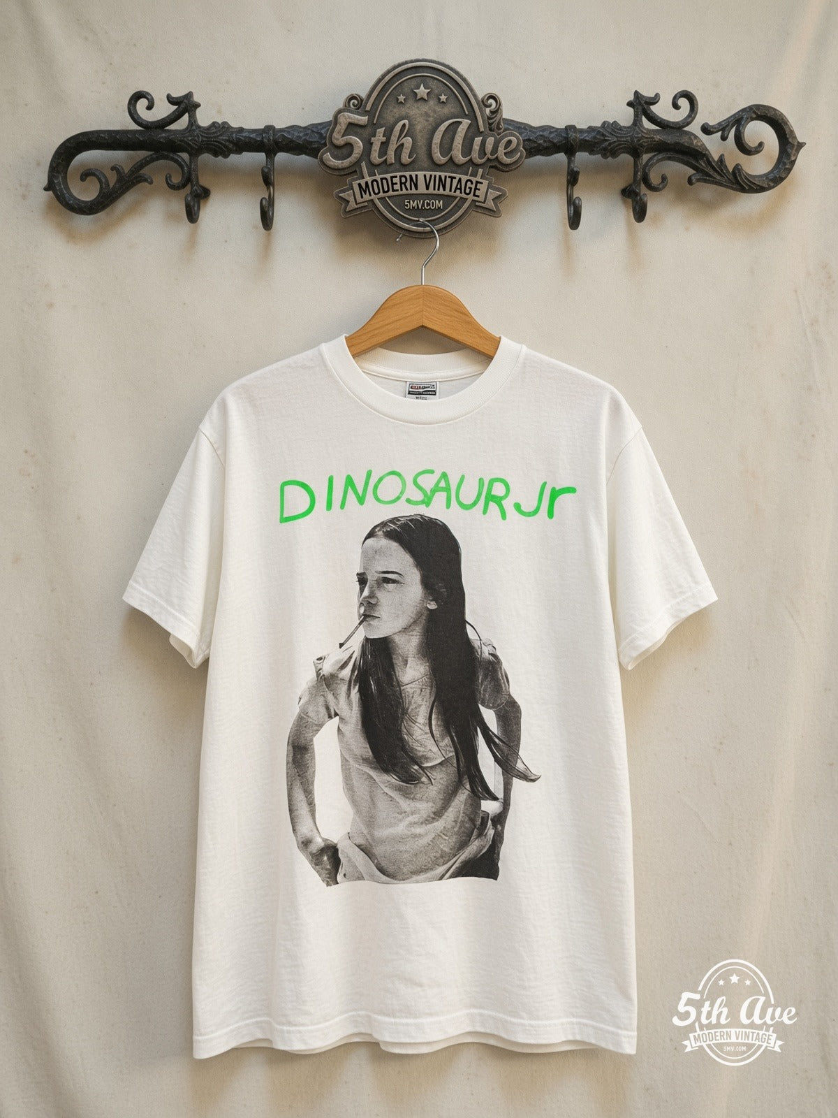 Dinosaur Jr. 'Green Mind' - Vintage Reprint Band T-Shirt — front on locked cream ornate 5th Ave rack