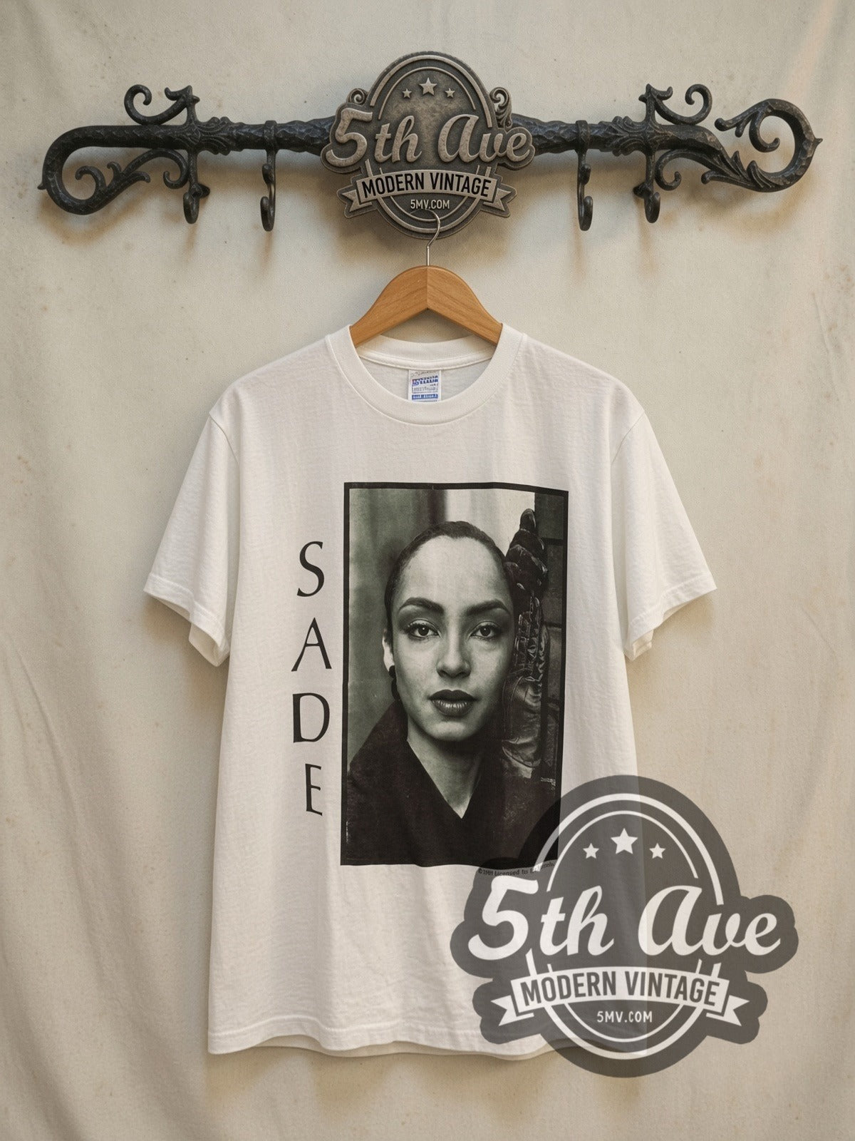 Sade World Tour 1993 vintage band t-shirt in white, front view on a display rack