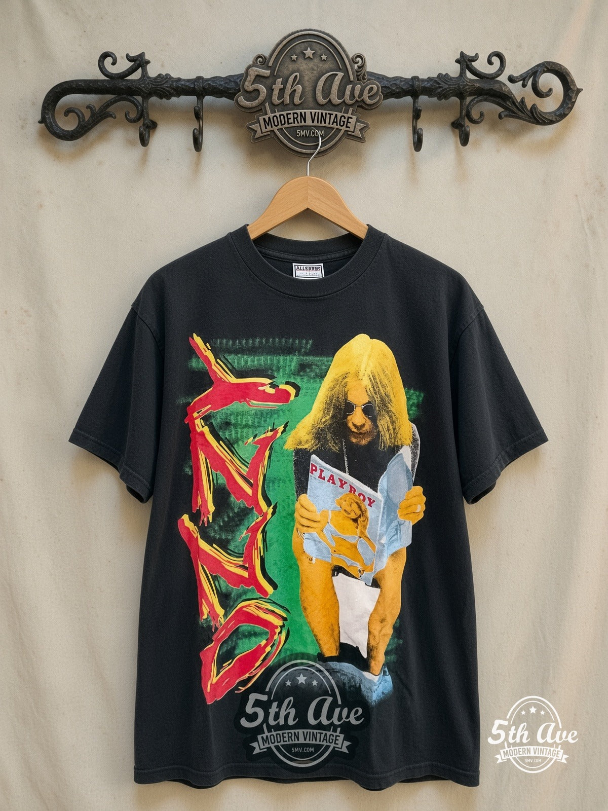 Ozzy Osbourne – Playboy – Vintage Band T-Shirt — front on locked cream ornate 5th Ave rack