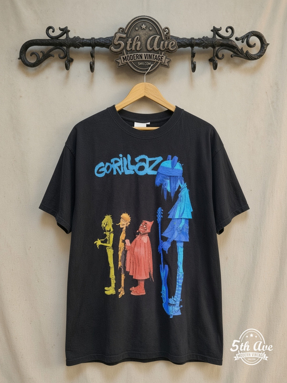 Gorillaz – Four Color Profile Lineup – Vintage Band T-Shirt — front on locked cream ornate 5th Ave rack