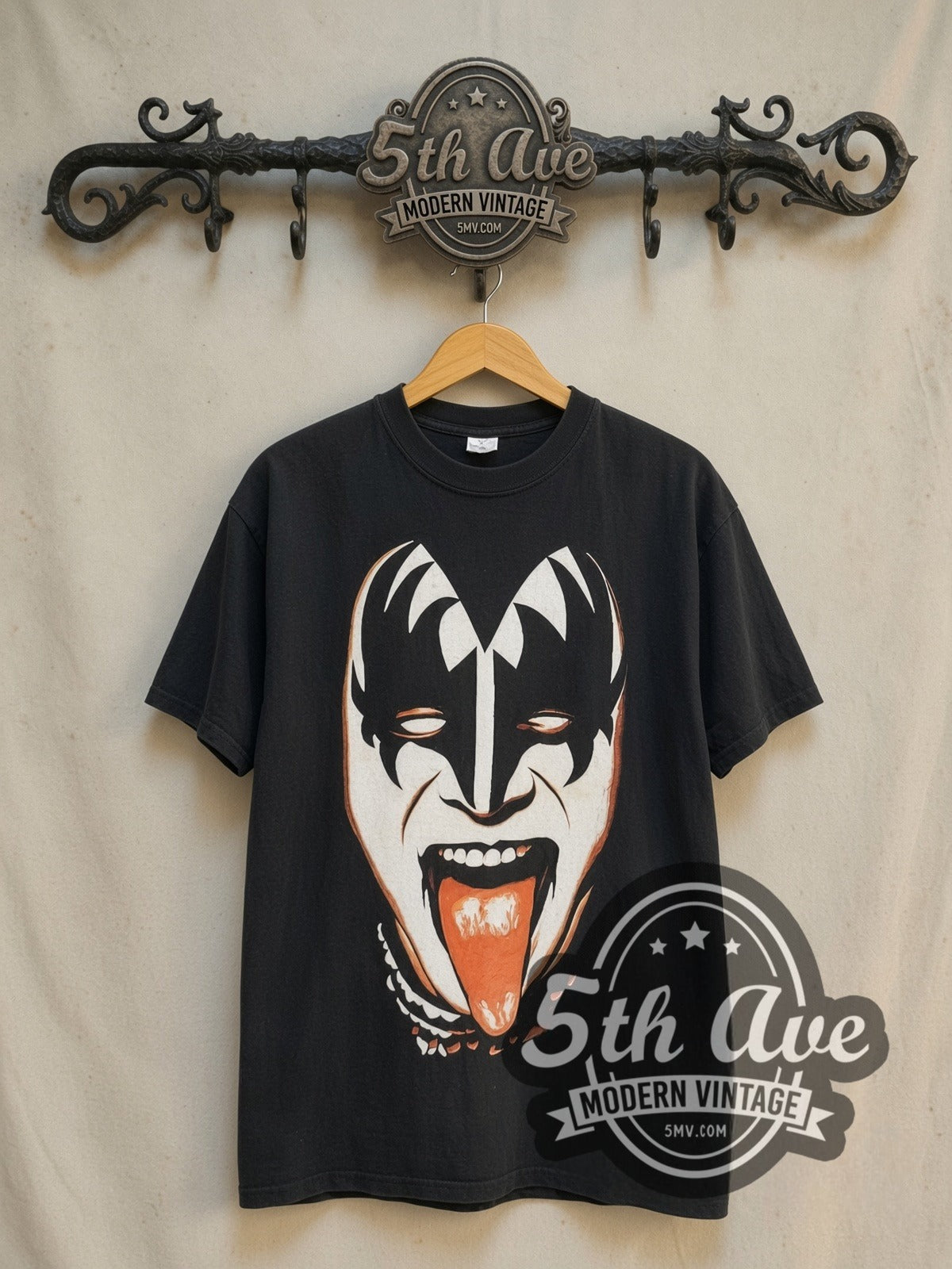 KISS Gene Simmons \m/KIϟϟ\m/ vintage band t-shirt in black, front view on the 5MV rack
