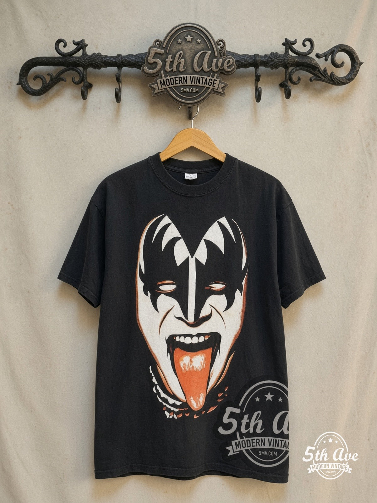 KISS – Gene Simmons \m/KIϟϟ\m/ – Vintage Band T-Shirt — front on locked cream ornate 5th Ave rack