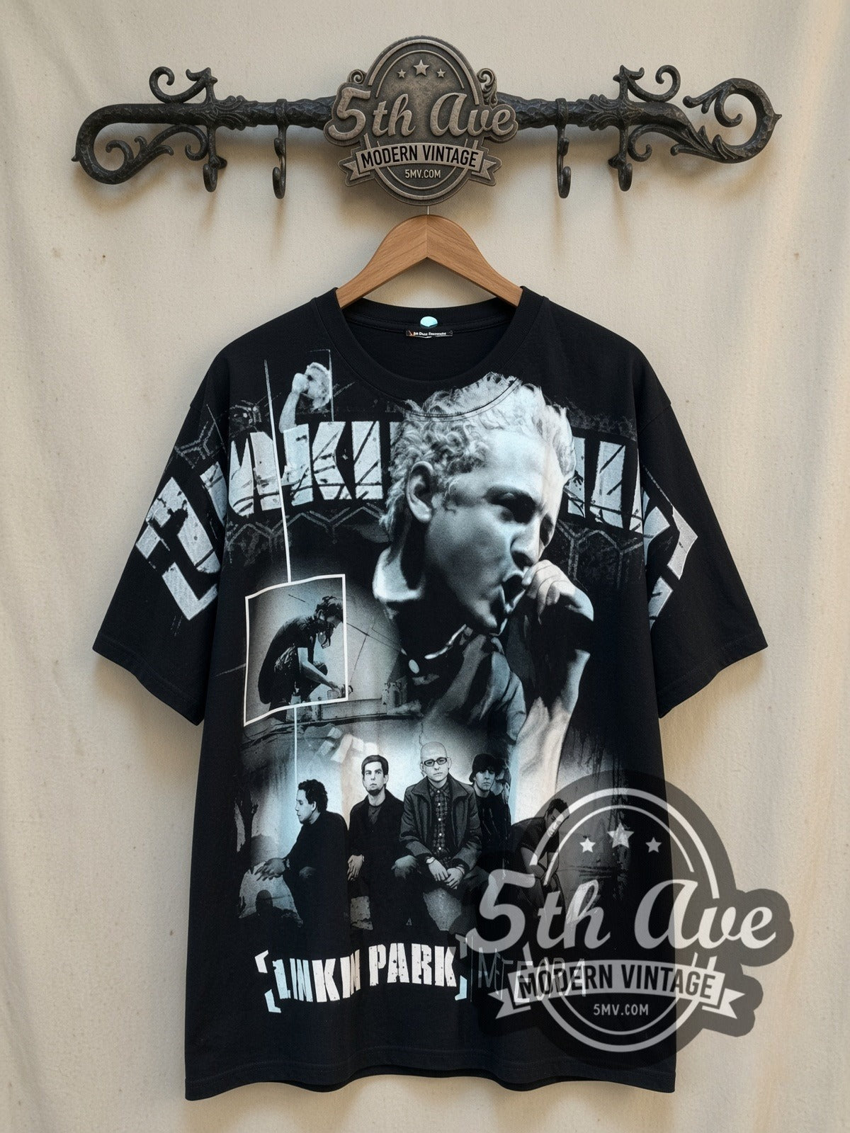 Linkin Park Meteora all-over-print vintage band t-shirt, front view on a display rack