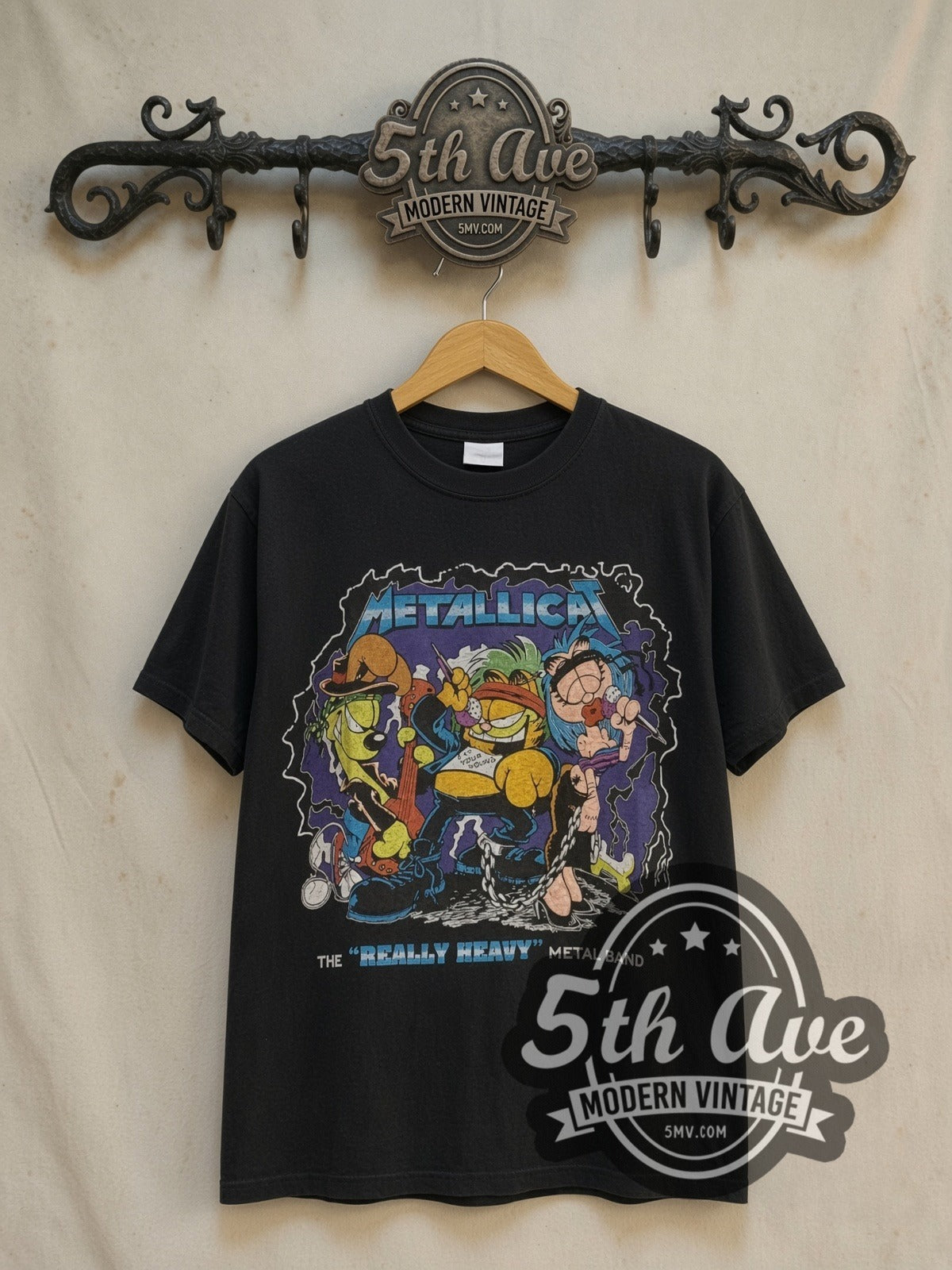 Metallica x Garfield Metallicat vintage band t-shirt, front view on the 5MV rack