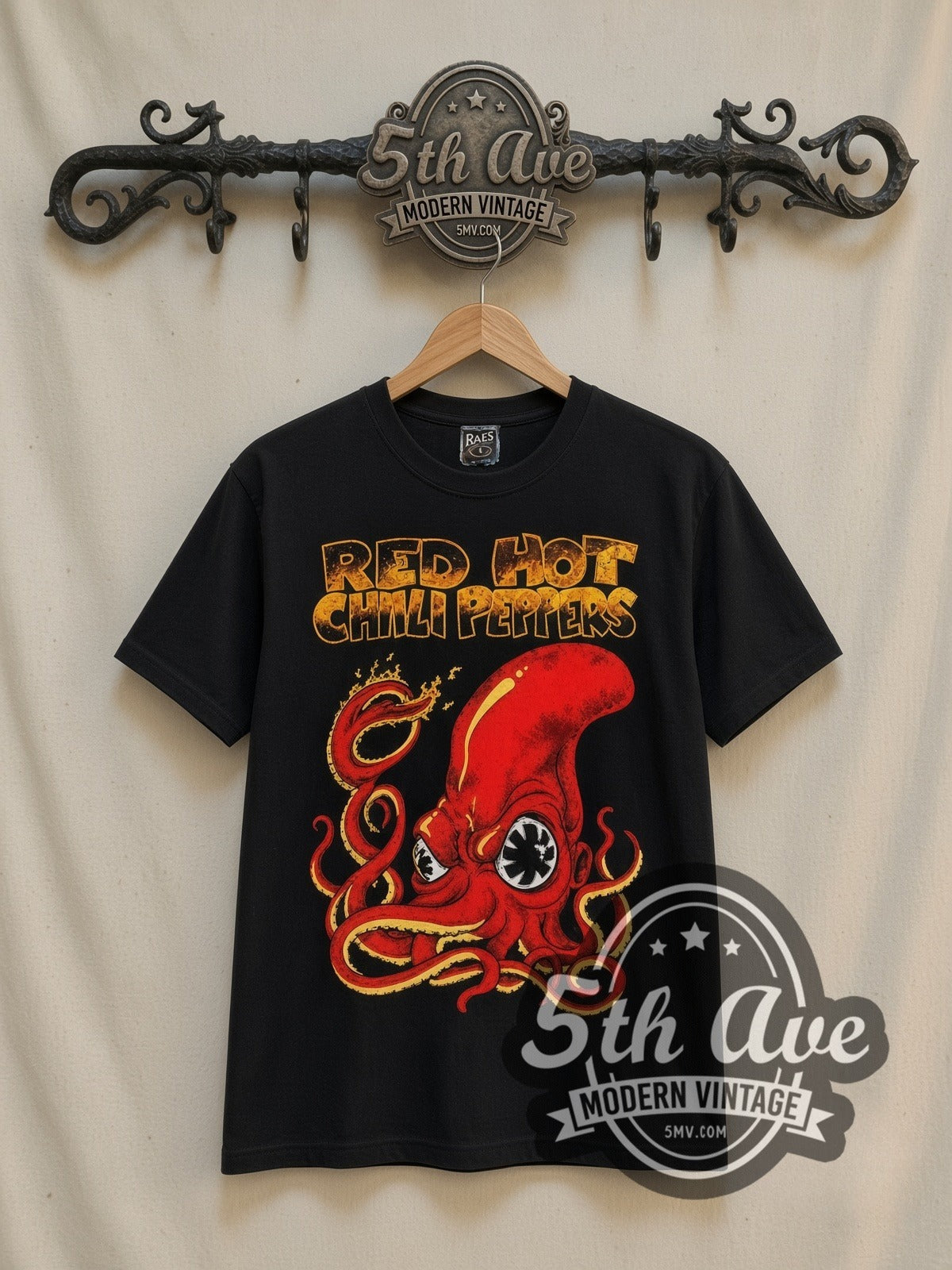 Red Hot Chili Peppers Octopus vintage band t-shirt in black, front view on a display rack