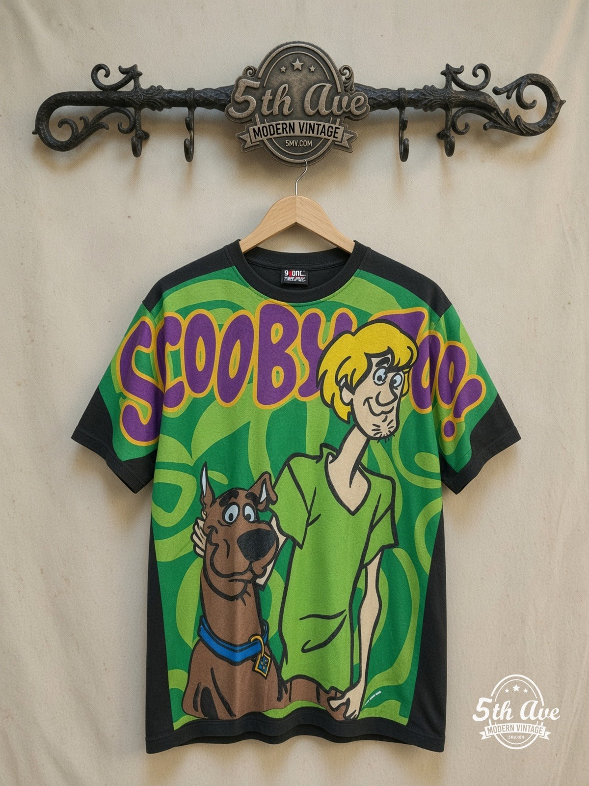 Scooby-Doo – All-Over Print Graphic – New Vintage Graphic Tee — front on locked cream ornate 5th Ave rack