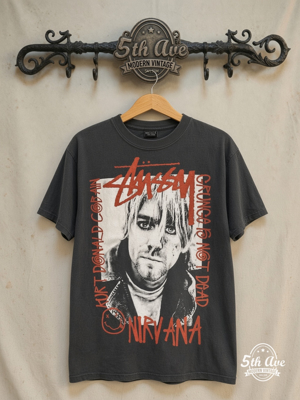 Nirvana – Stüssy Red Logo Kurt Portrait Grunge Is Not Dead – Vintage Band T-Shirt — front on locked cream ornate 5th Ave rack