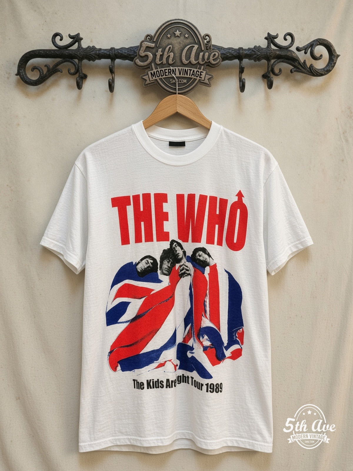 The Who – The Kids Are Alright – Vintage Band T-Shirt — front on locked cream ornate 5th Ave rack