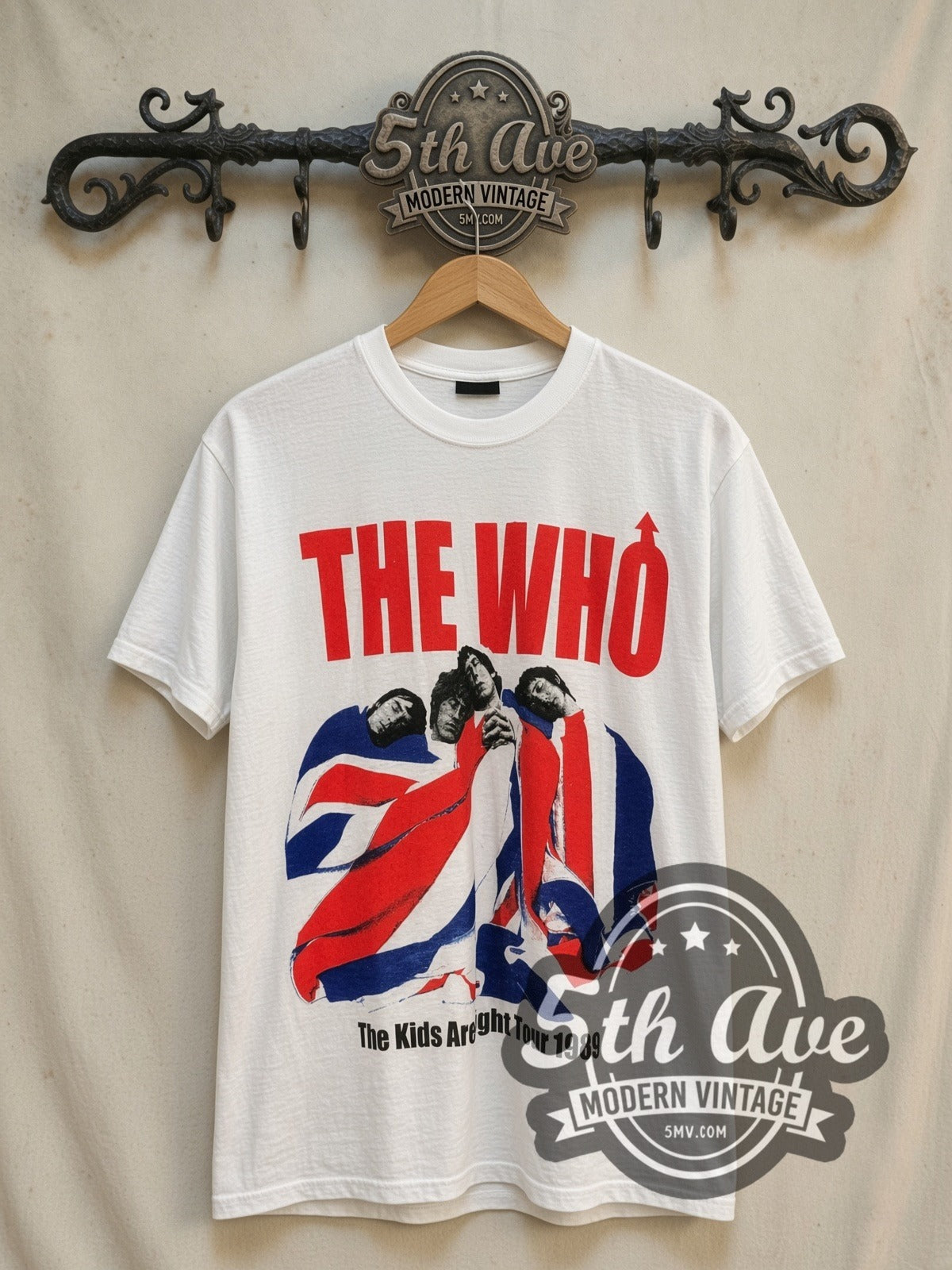 The Who The Kids Are Alright vintage band t-shirt, front view on a display rack
