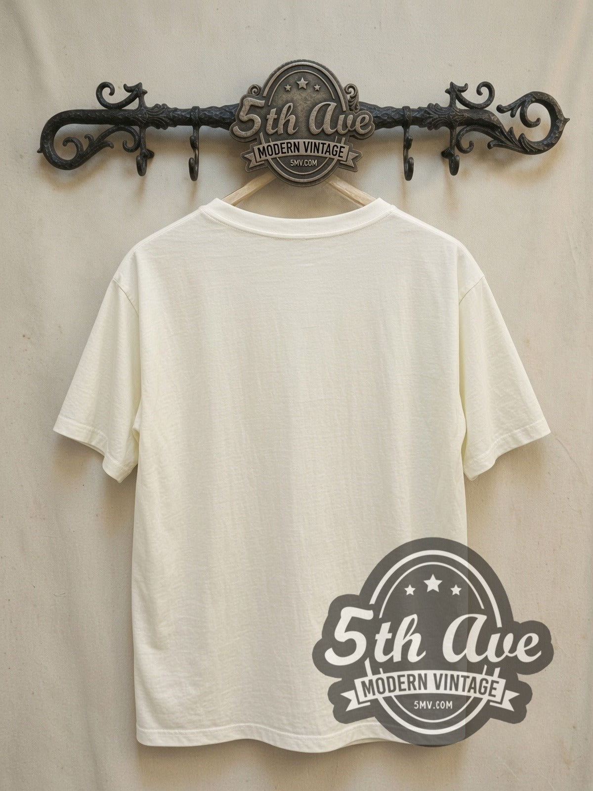 Radiohead Sunglasses Band Photo Red Border White vintage band t-shirt, back view on a display rack
