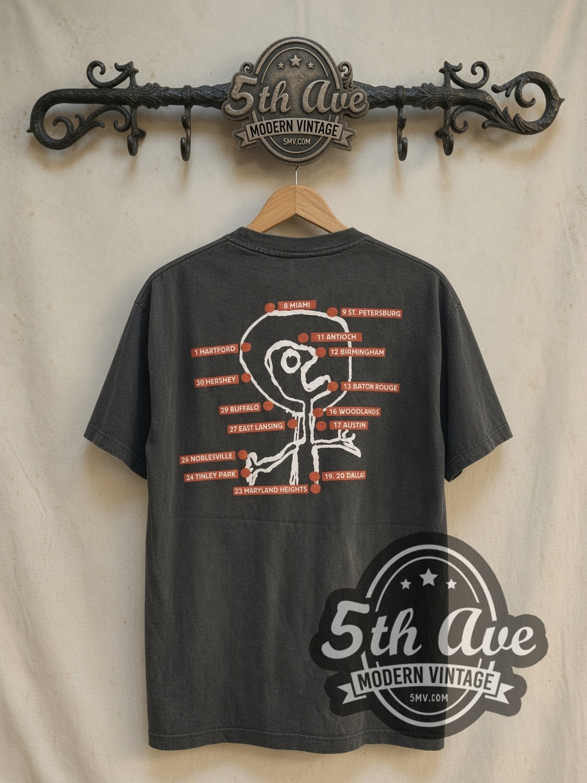 Radiohead Abstract Square Tour Map vintage band t-shirt, back view on a display rack