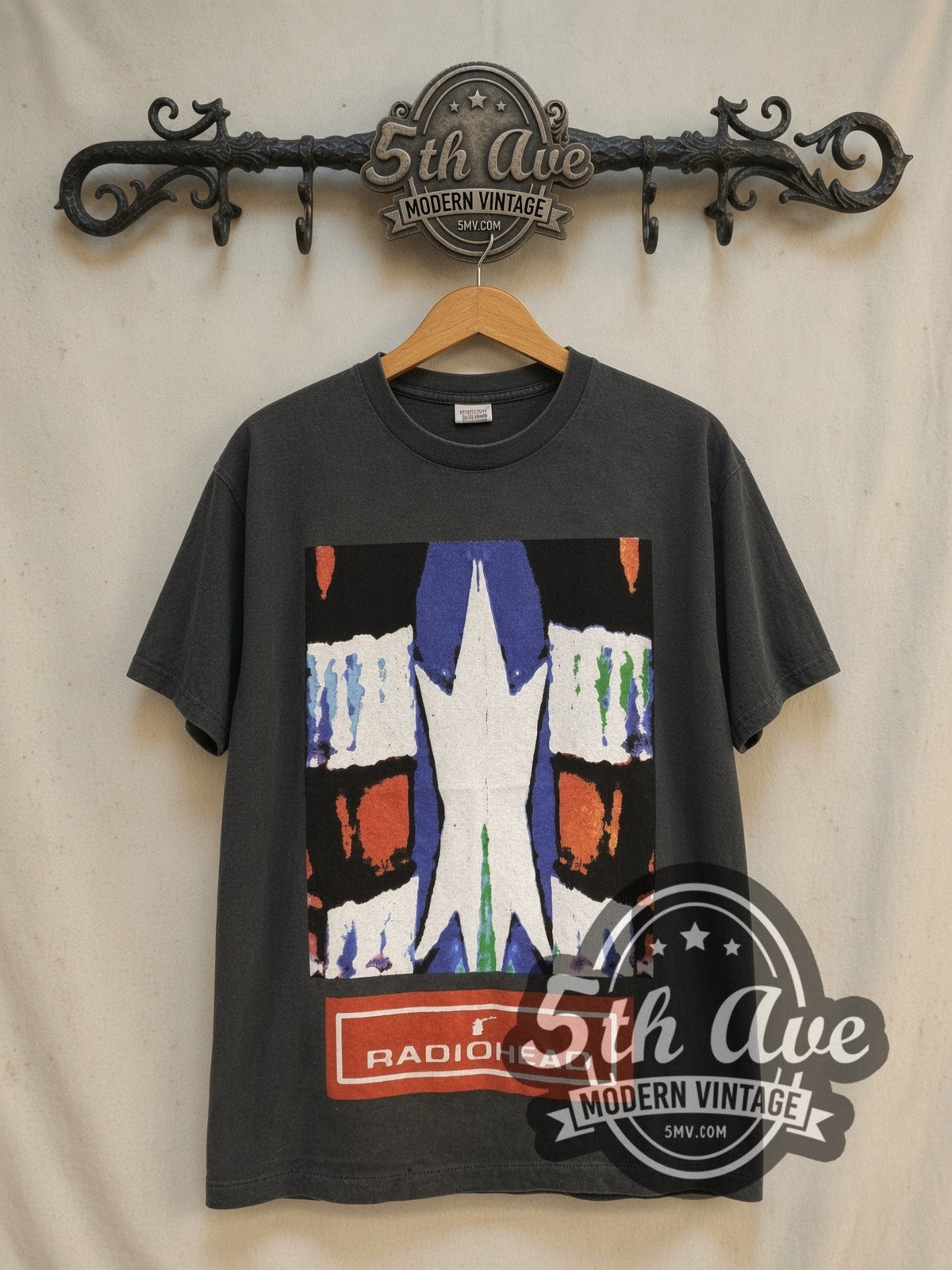 Radiohead Abstract Square Tour Map vintage band t-shirt, front view on a display rack