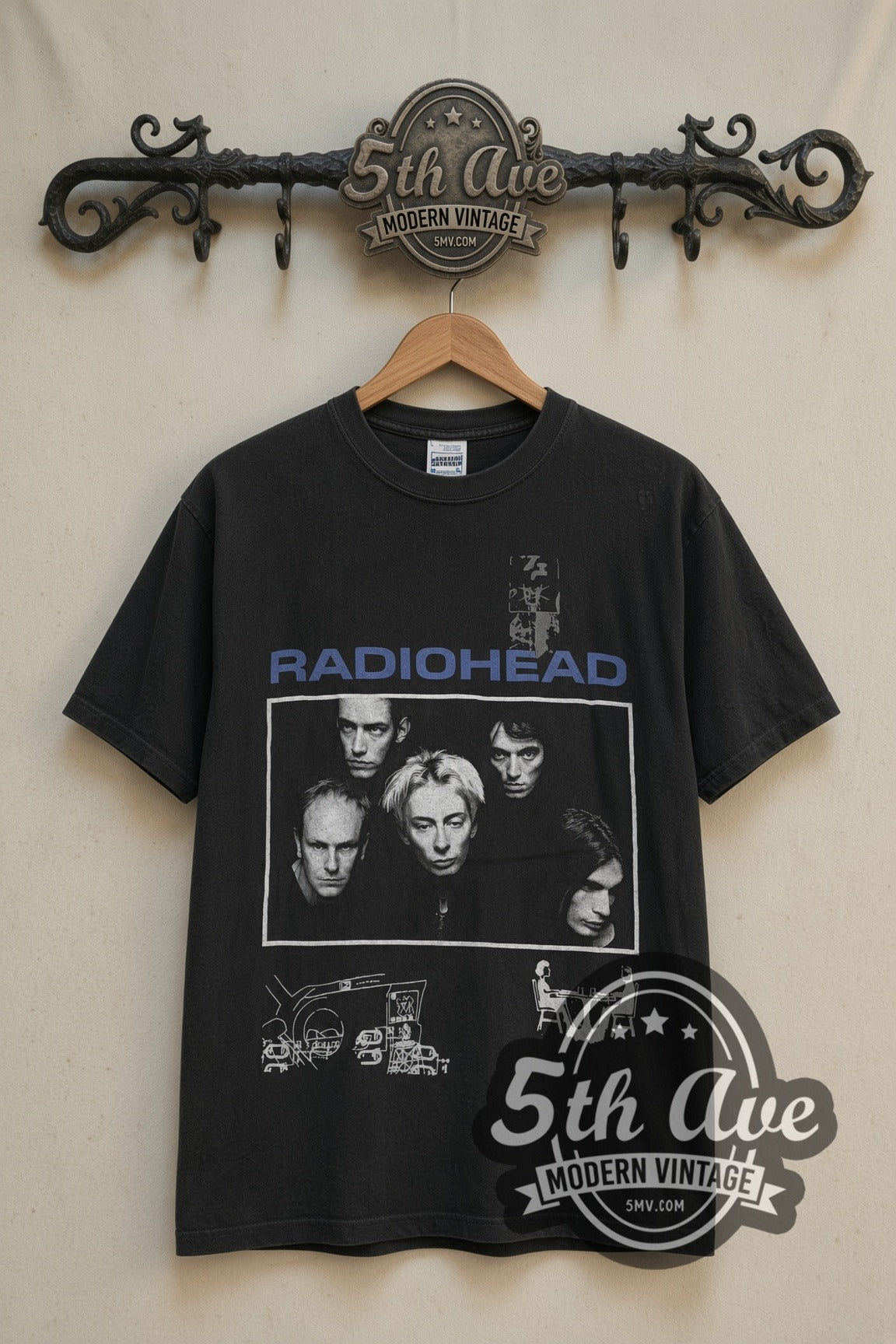 Radiohead band photo and Bends stick figure tee front on cream 5th Ave rack