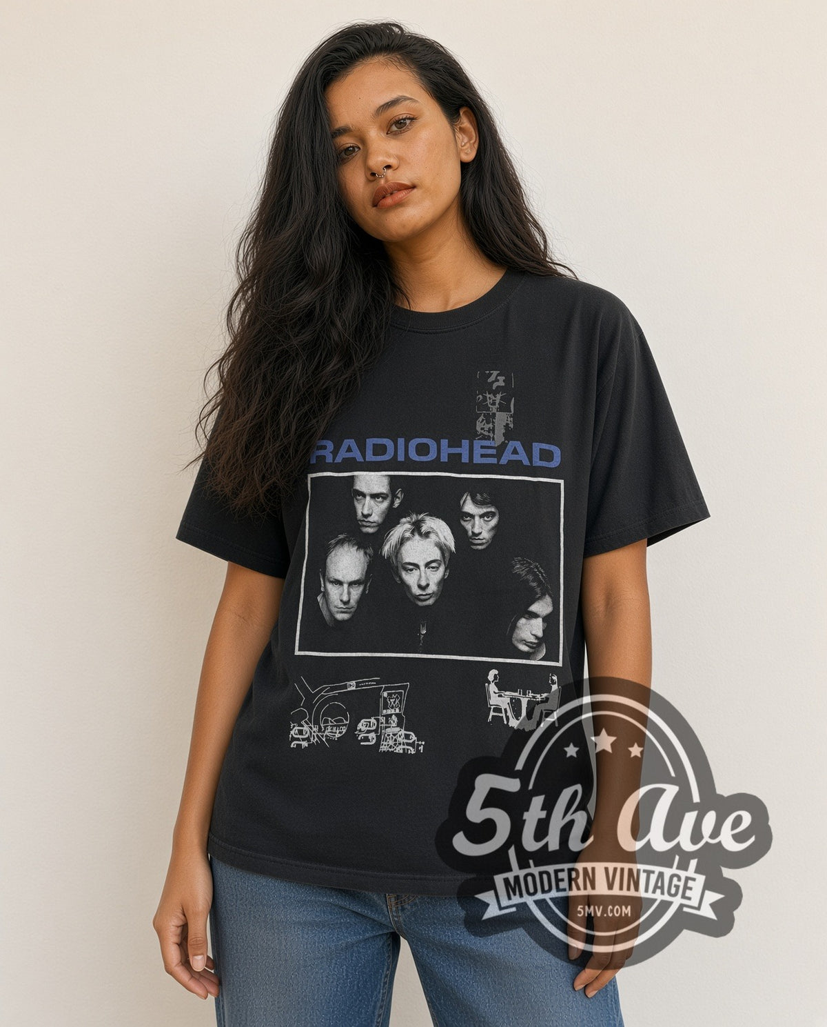 Woman wearing Radiohead band photo Bends stick figure vintage band t-shirt