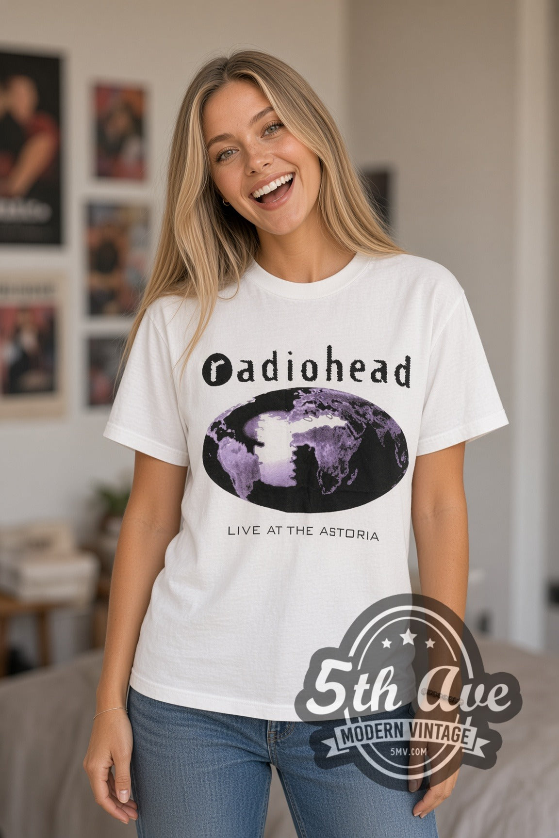Woman wearing white Radiohead Live at the Astoria vintage band t-shirt
