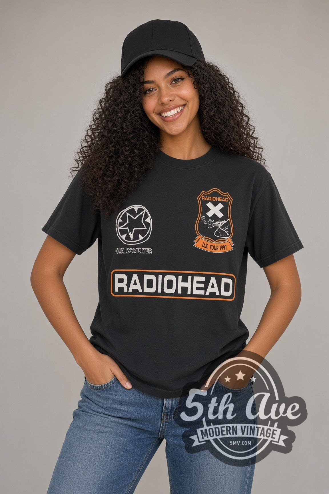 Woman wearing black Radiohead OK Computer 1997 vintage band t-shirt