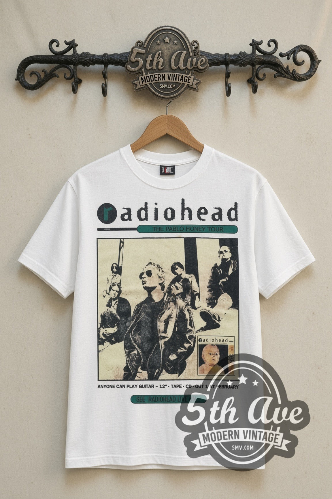 Radiohead Pablo Honey Bear Logo vintage band t-shirt in white, front view on the 5MV rack