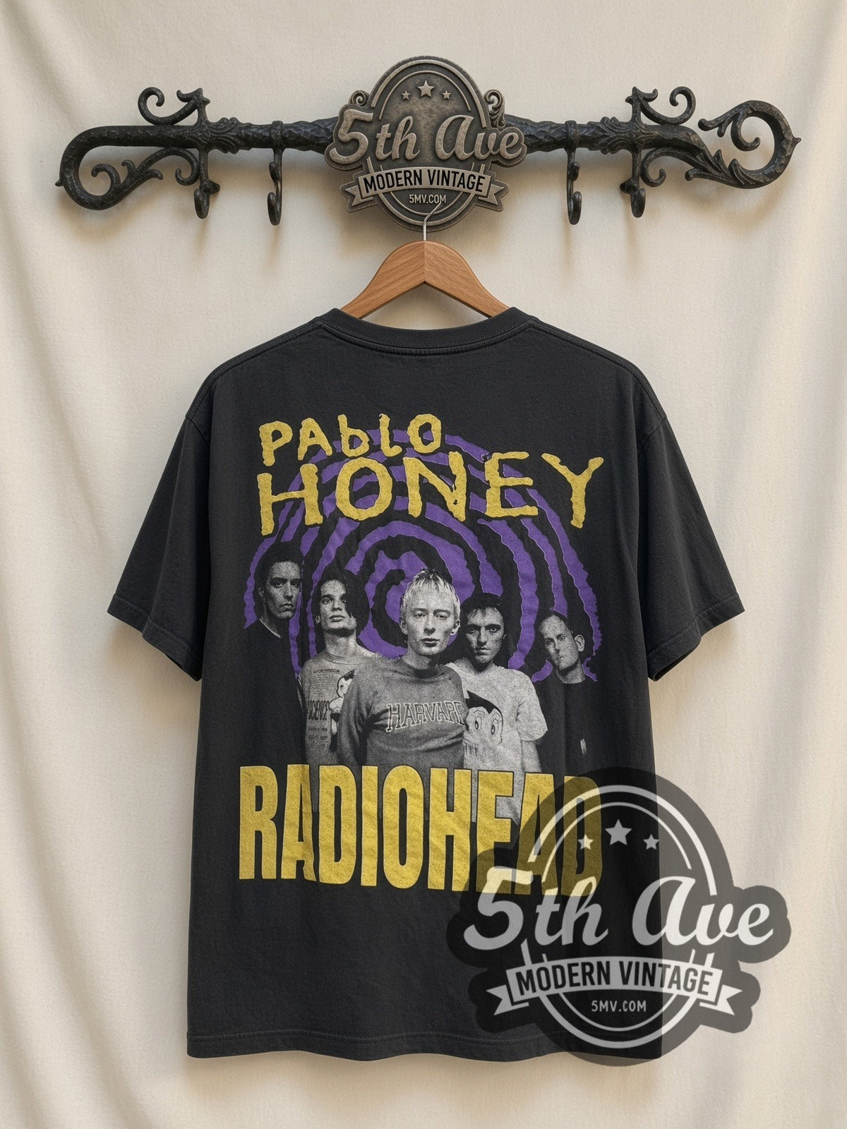 Radiohead Pablo Honey Purple Spiral Baby vintage band t-shirt, back view on the 5MV rack