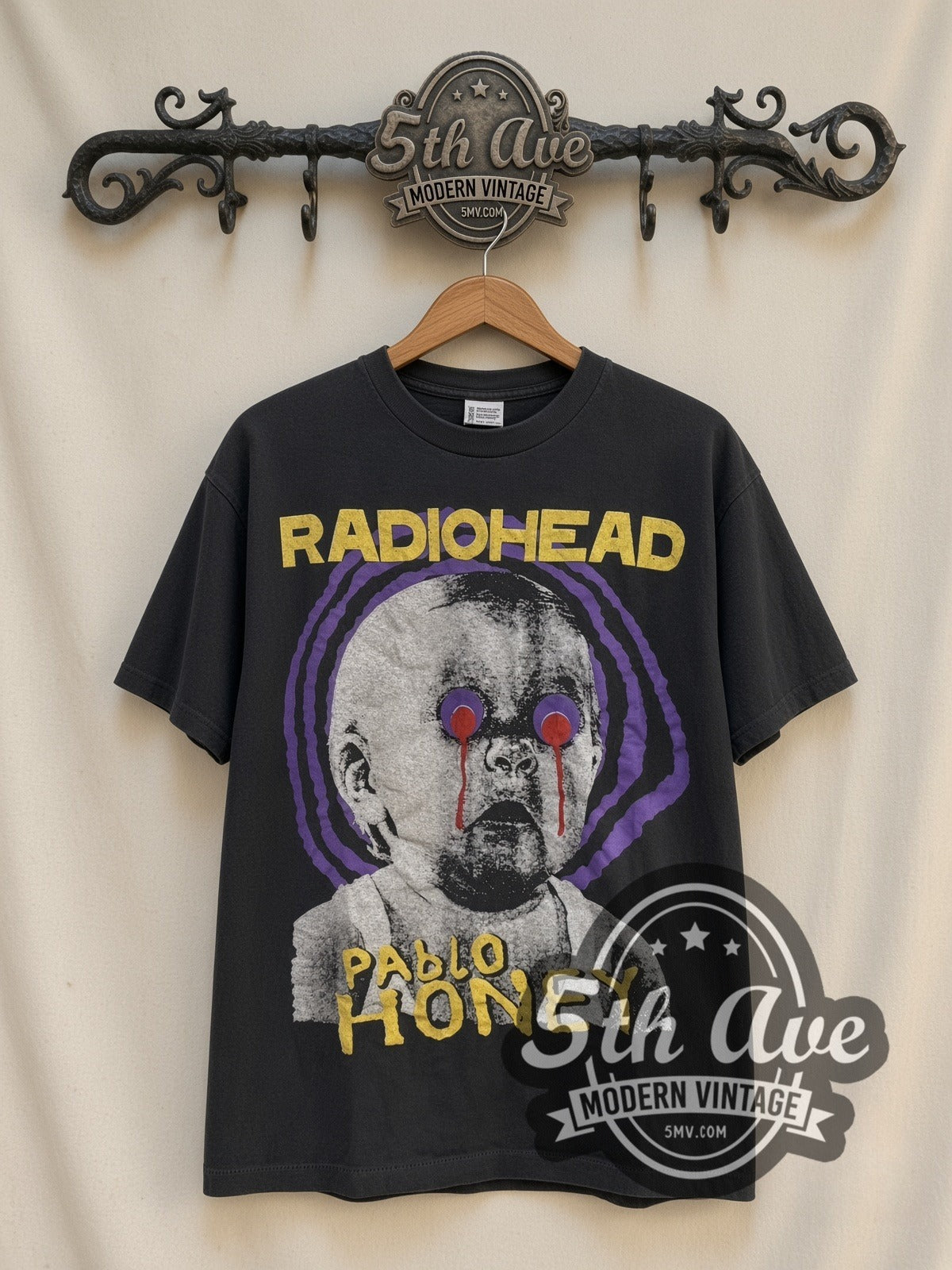Radiohead Pablo Honey Purple Spiral Baby vintage band t-shirt, front view on the 5MV rack