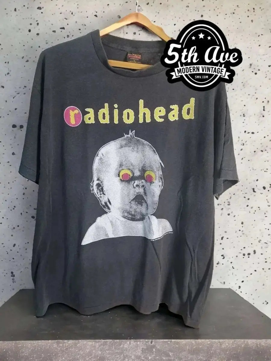 Model wearing Radiohead – Pablo Honey Baby Glowing Eyes vintage band tee
