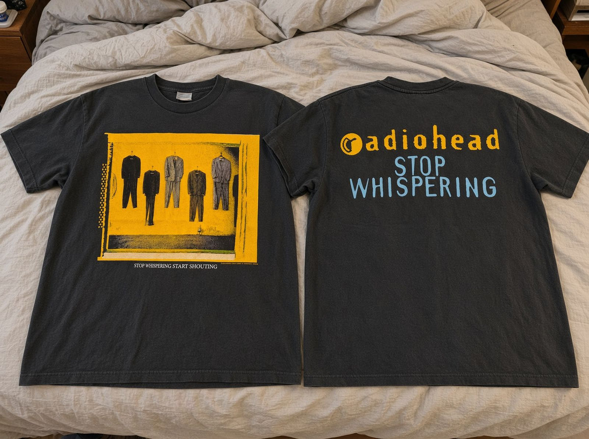 Radiohead Stop Whispering vintage band t-shirt on bed
