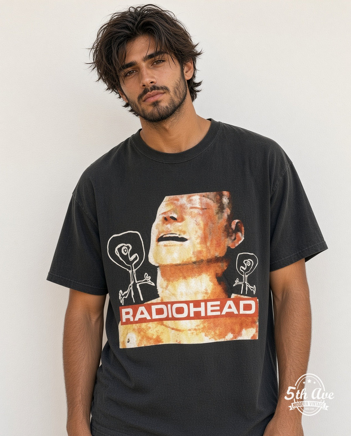 Model wearing Radiohead The Bends March Tour UK vintage t-shirt
