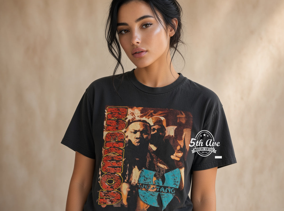 Model wearing Raekwon Only Built 4 Cuban Linx Wu-Tang vintage band tee