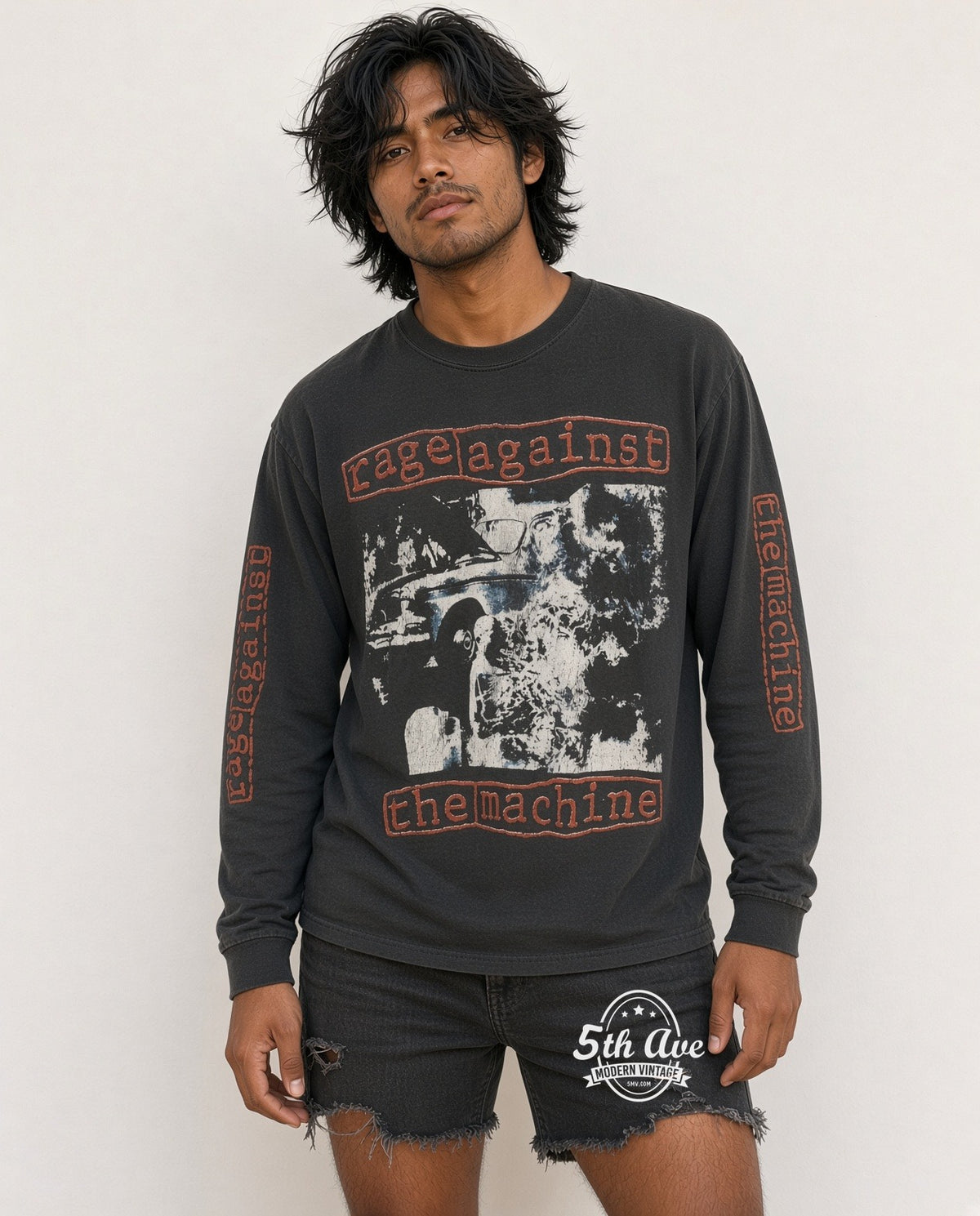Model wearing Rage Against the Machine 1992 Album Immolation Fuck You I Won't Do What You Tell Me LS vintage t-shirt