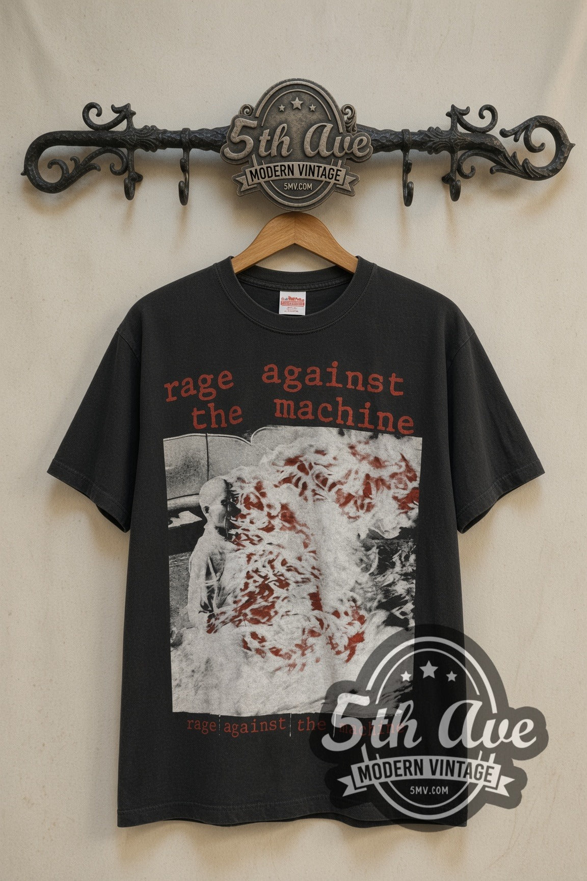 Rage Against the Machine Burning Monk May-June 1993 Tour band t-shirt front on 5th Ave iron rack