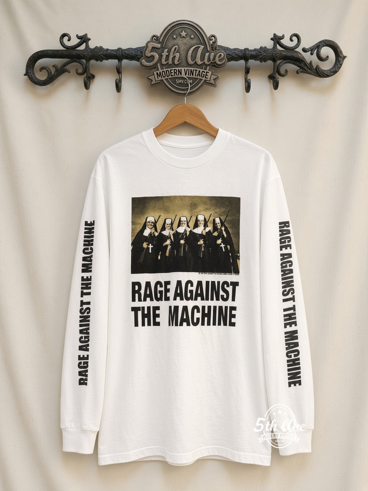 Rage Against the Machine Nuns With Guns White Long Sleeve vintage band t-shirt on rack