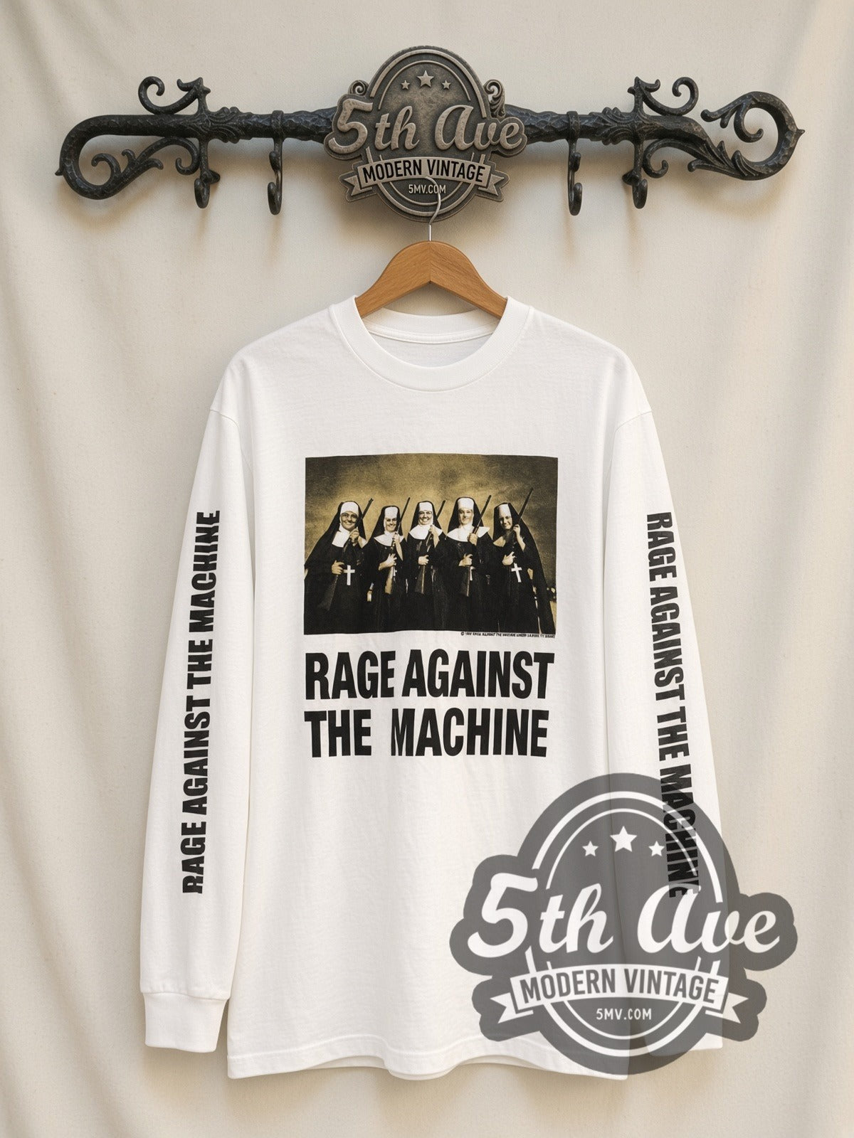Rage Against the Machine Nuns With Guns White vintage band long sleeve t-shirt, front view on a display rack
