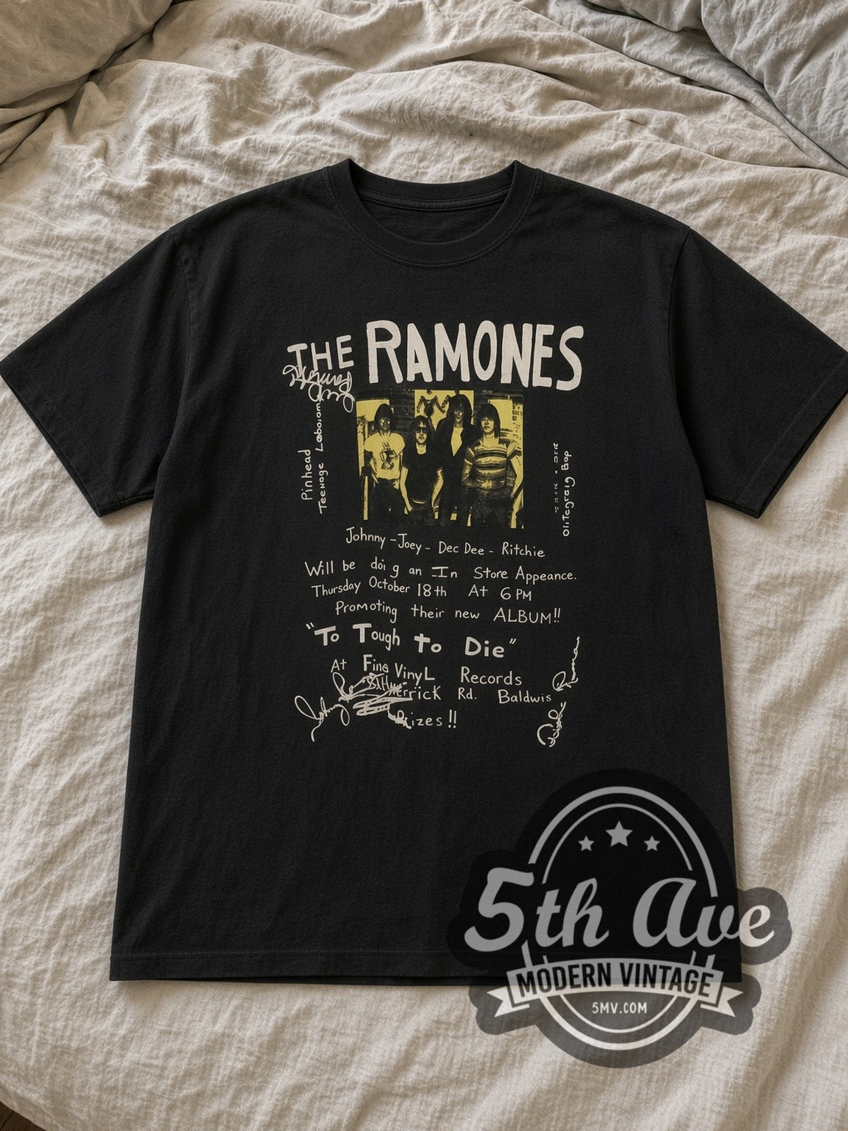 Black Ramones Too Tough to Die Fly Vinyl Flyer Vintage Band T-Shirt laid flat on a linen bed