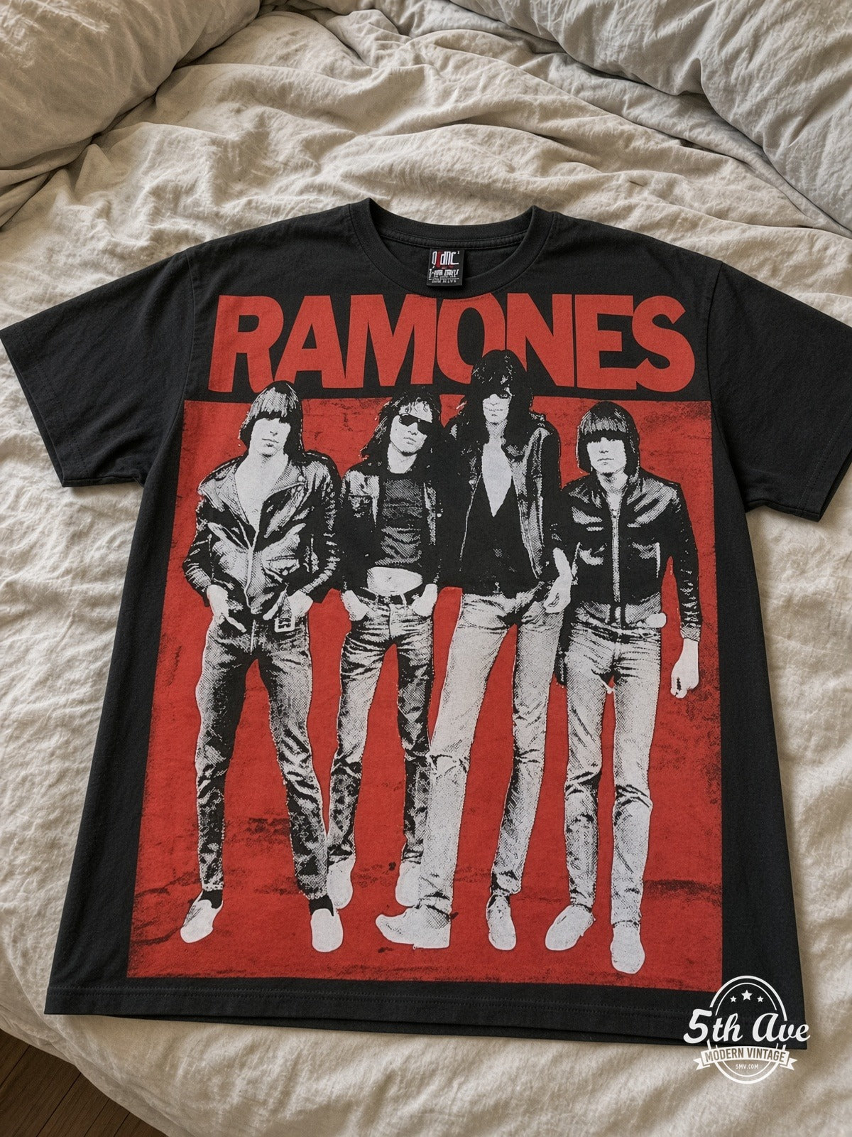 Ramones Band Photo Red Logo all over print vintage tee laid on bed
