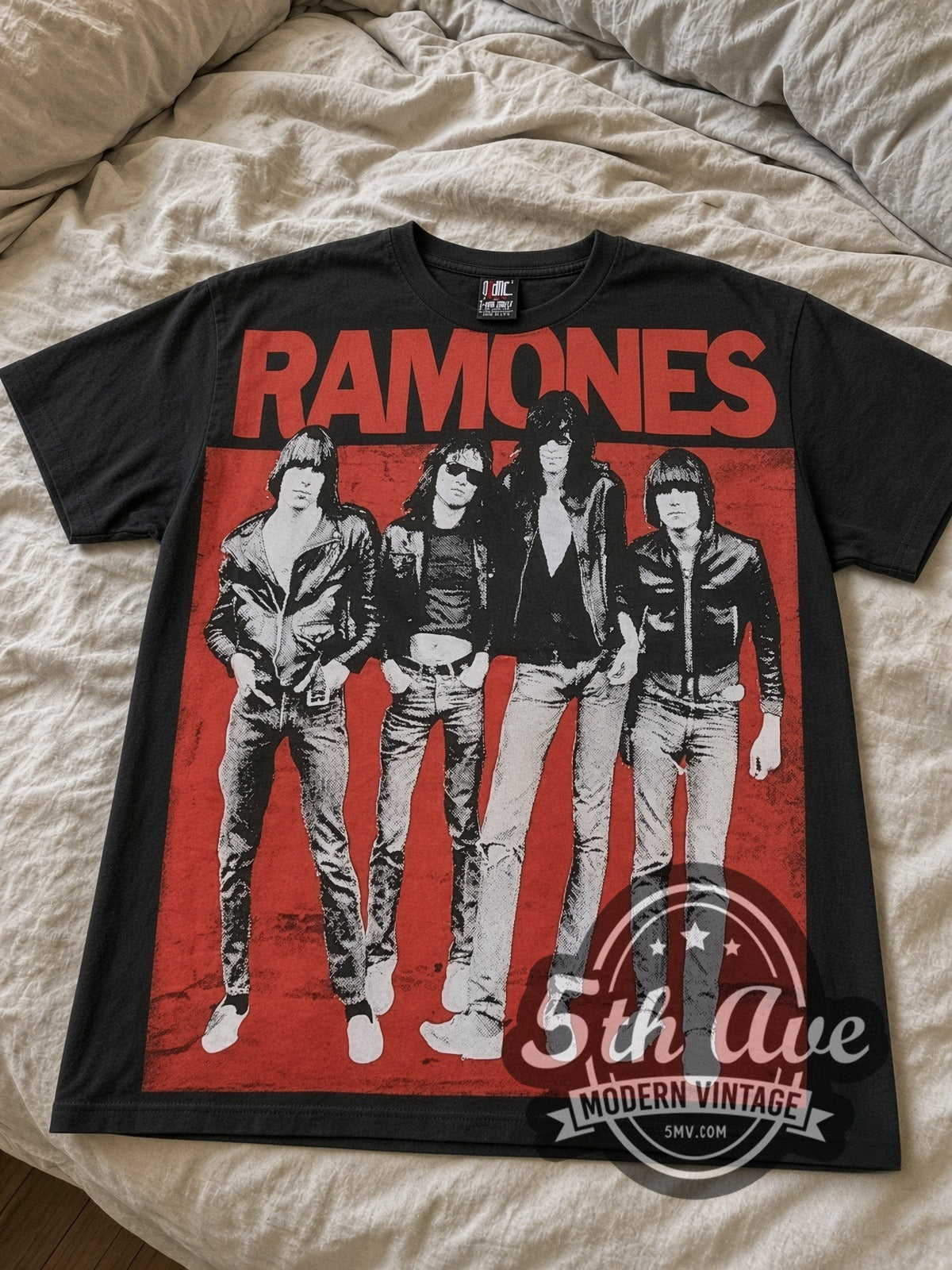 Ramones Band Photo Red Logo all-over-print vintage band tee laid flat