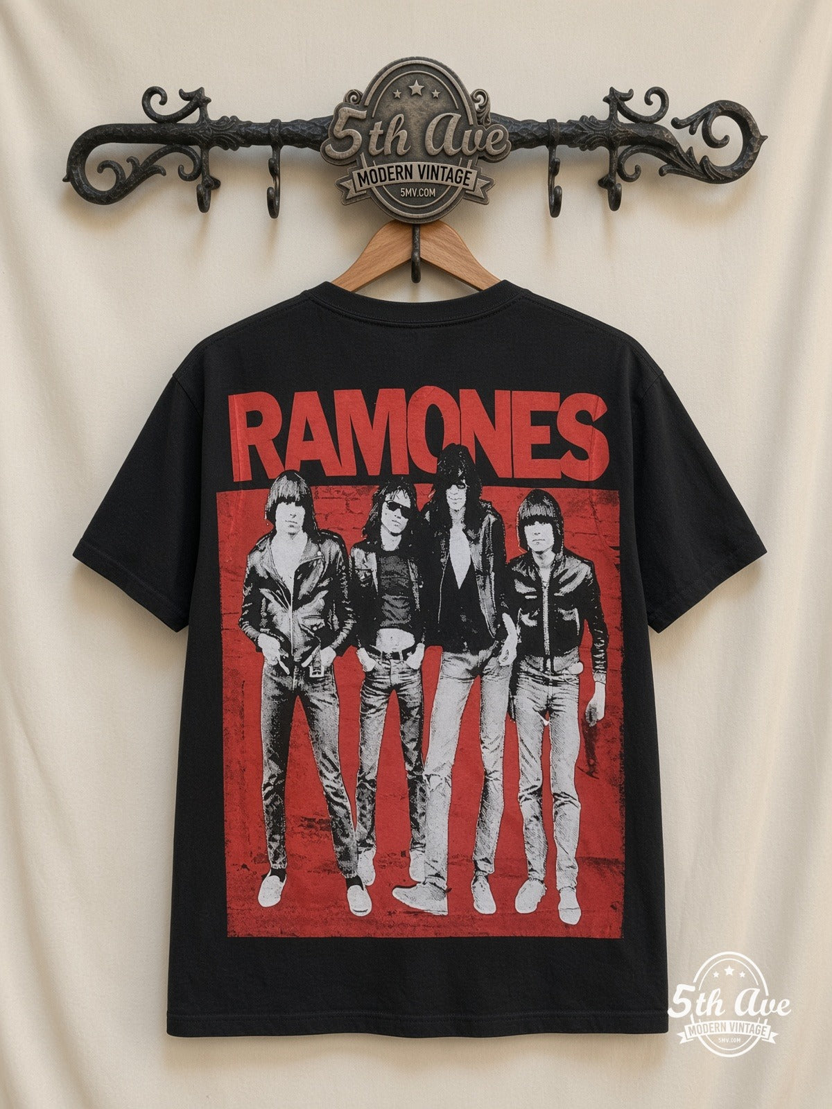 Ramones Band Photo Red Logo all over print vintage tee back on cream 5th Ave rack