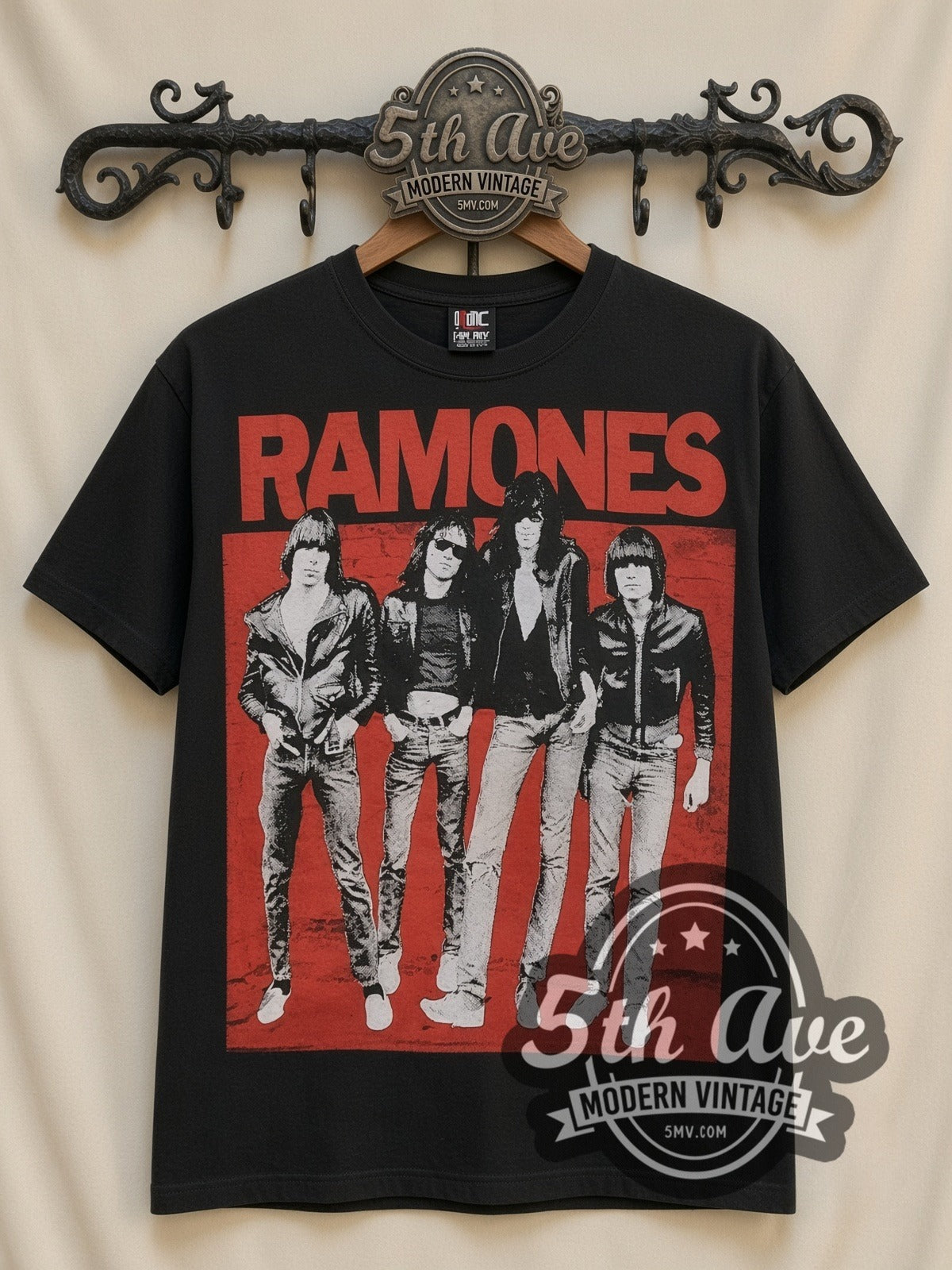 Ramones Band Photo Red Logo all-over-print vintage band t-shirt in black, front view on a display rack