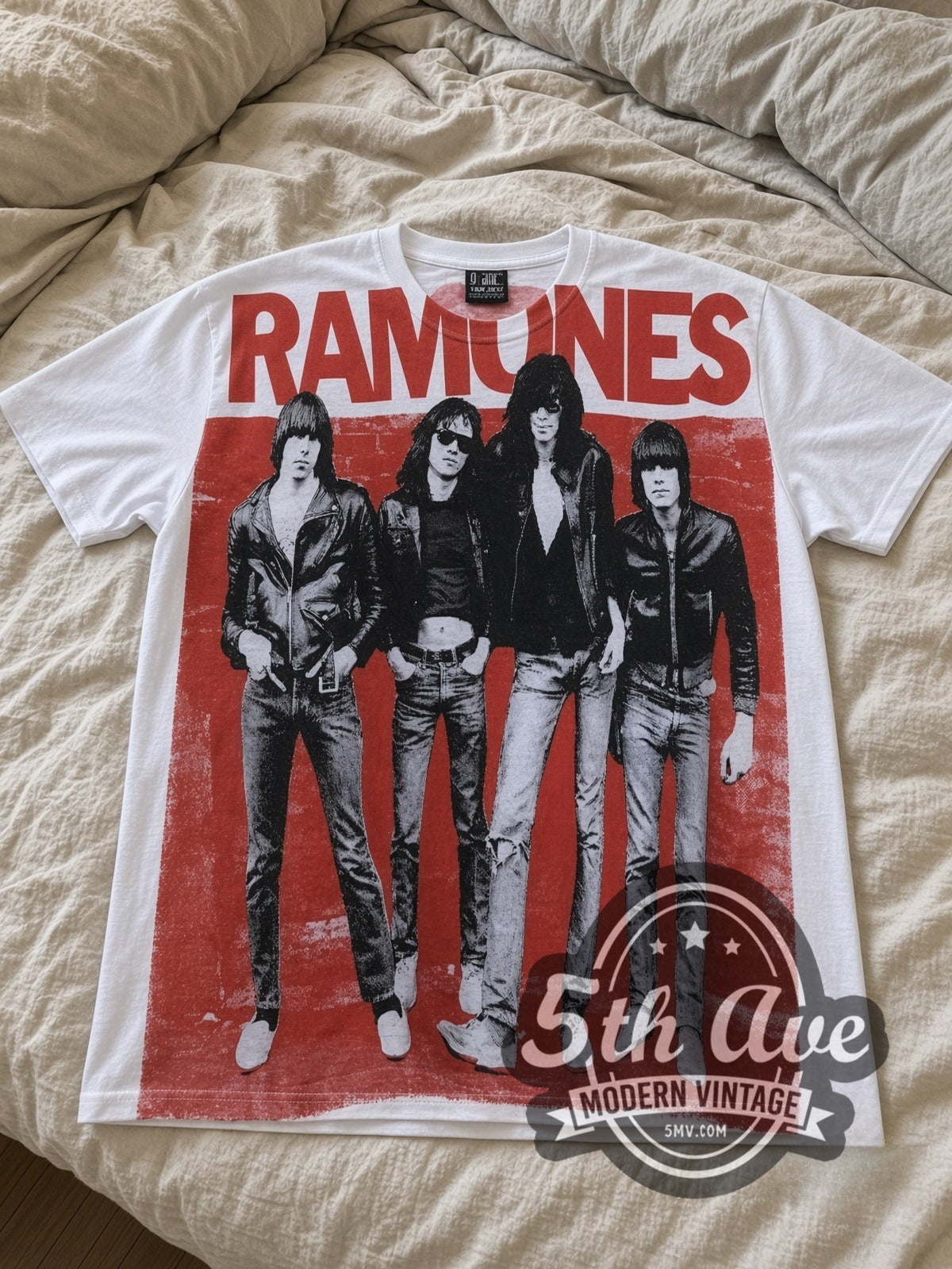 Ramones Band Photo Red Logo White all-over-print vintage band tee laid flat