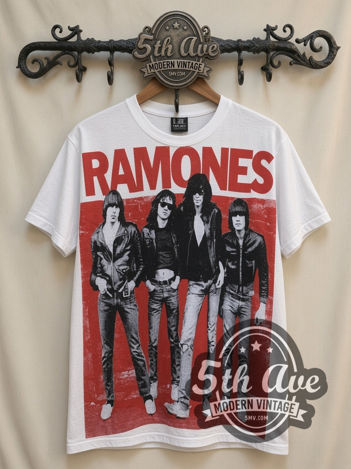 Ramones Band Photo Red Logo all-over-print vintage band t-shirt in white, front view on a display rack