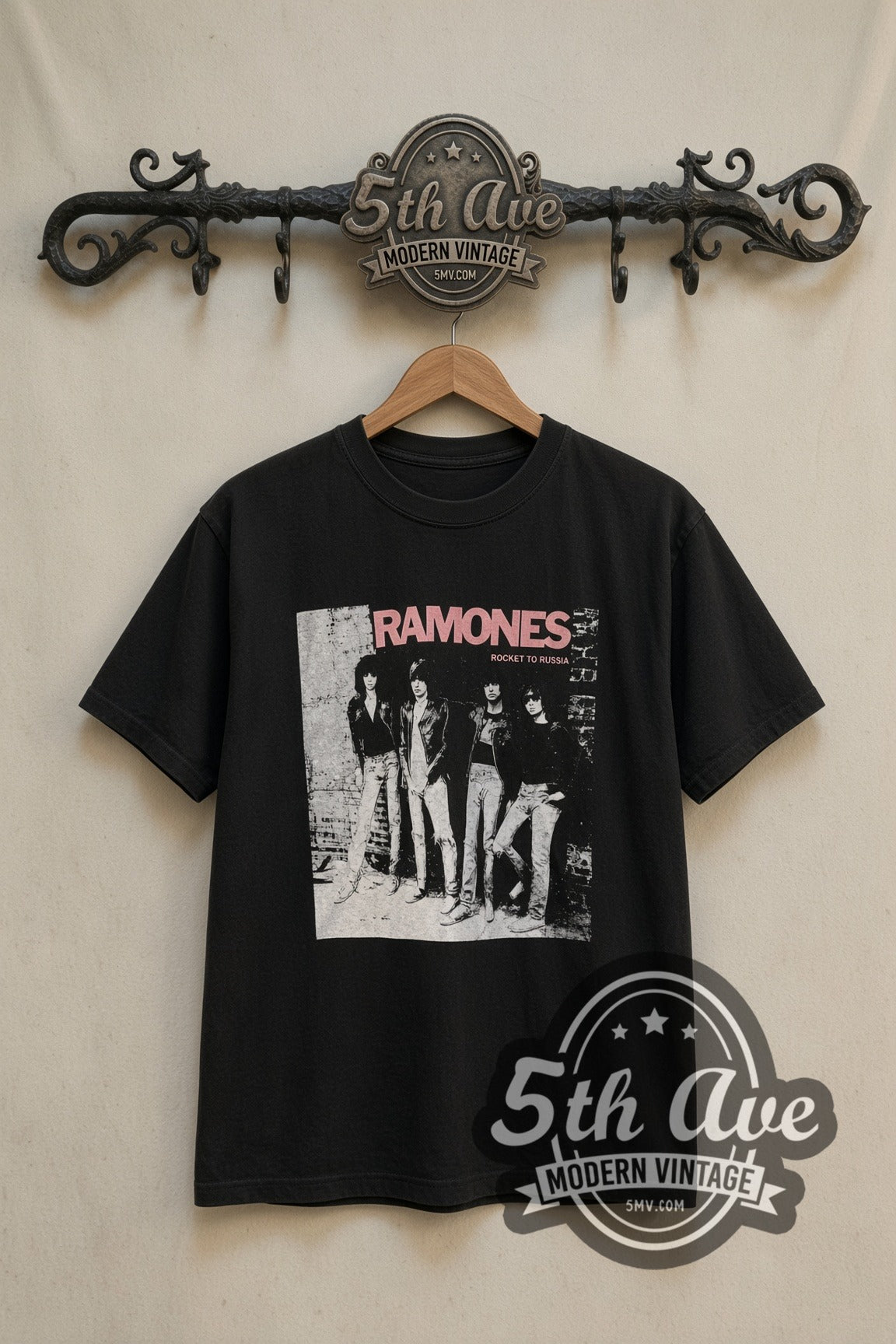 Ramones Brick Wall Band Photo band t-shirt in black, front view on a display rack
