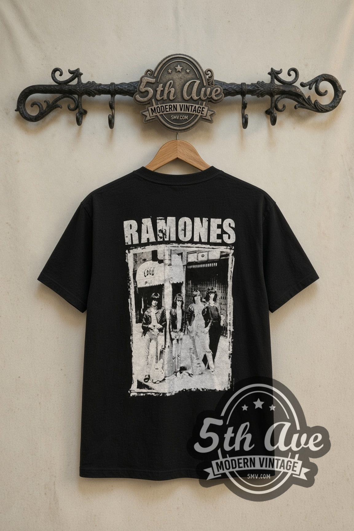 Ramones Brick Wall Band Photo band t-shirt in black, back view on a display rack