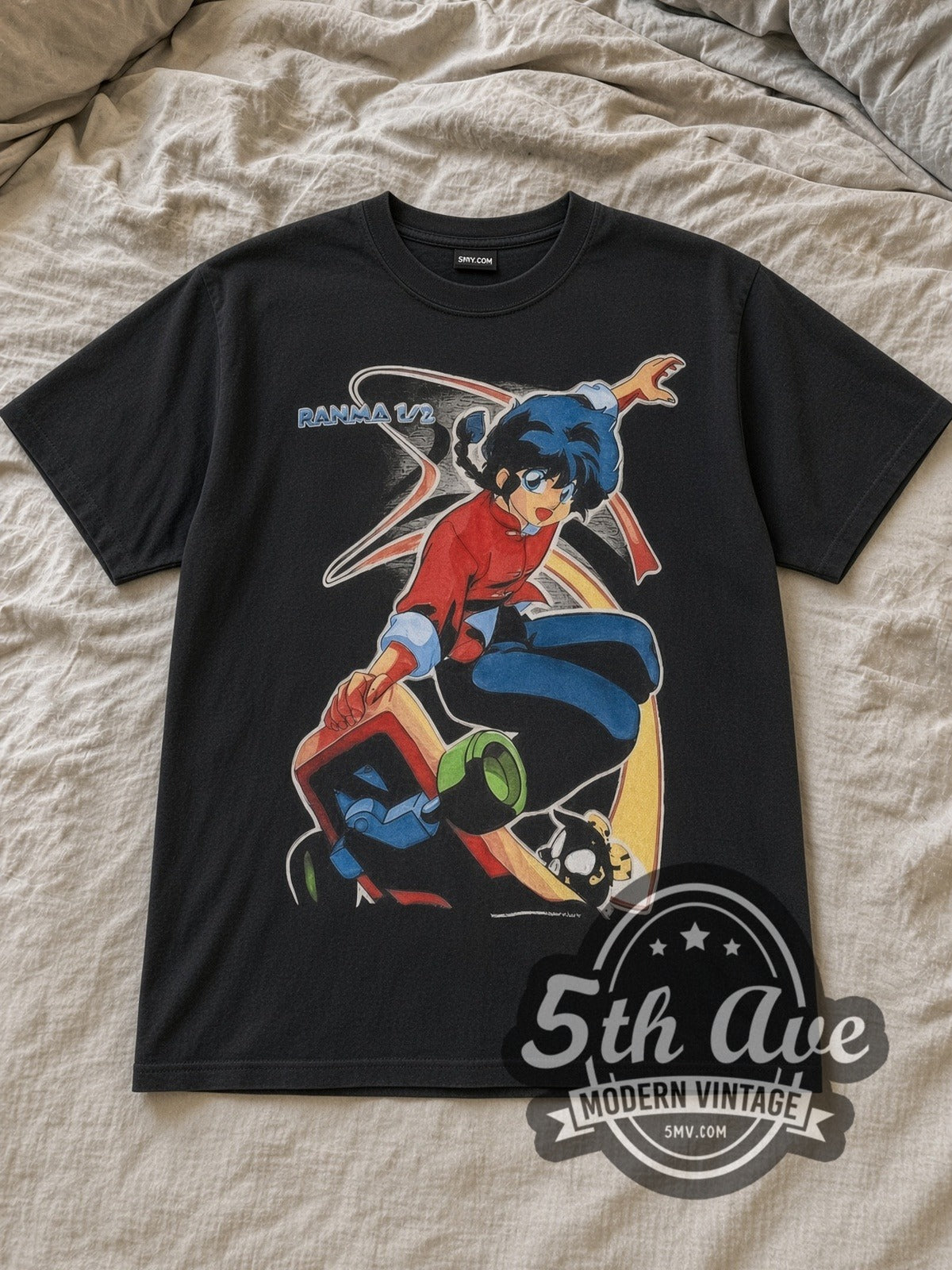 Black Ranma ½ Skateboard Vintage Anime T-Shirt laid flat on a linen bed