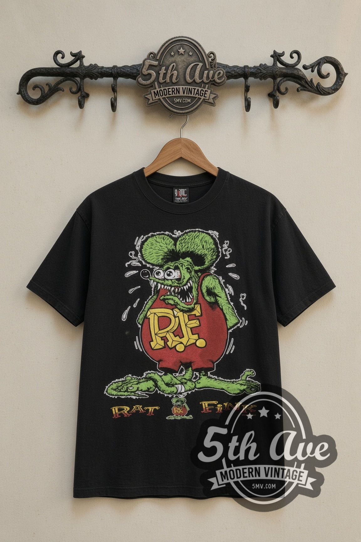 Rat Fink RF Hot Rod Garage cartoon tee in black, front view on a display rack
