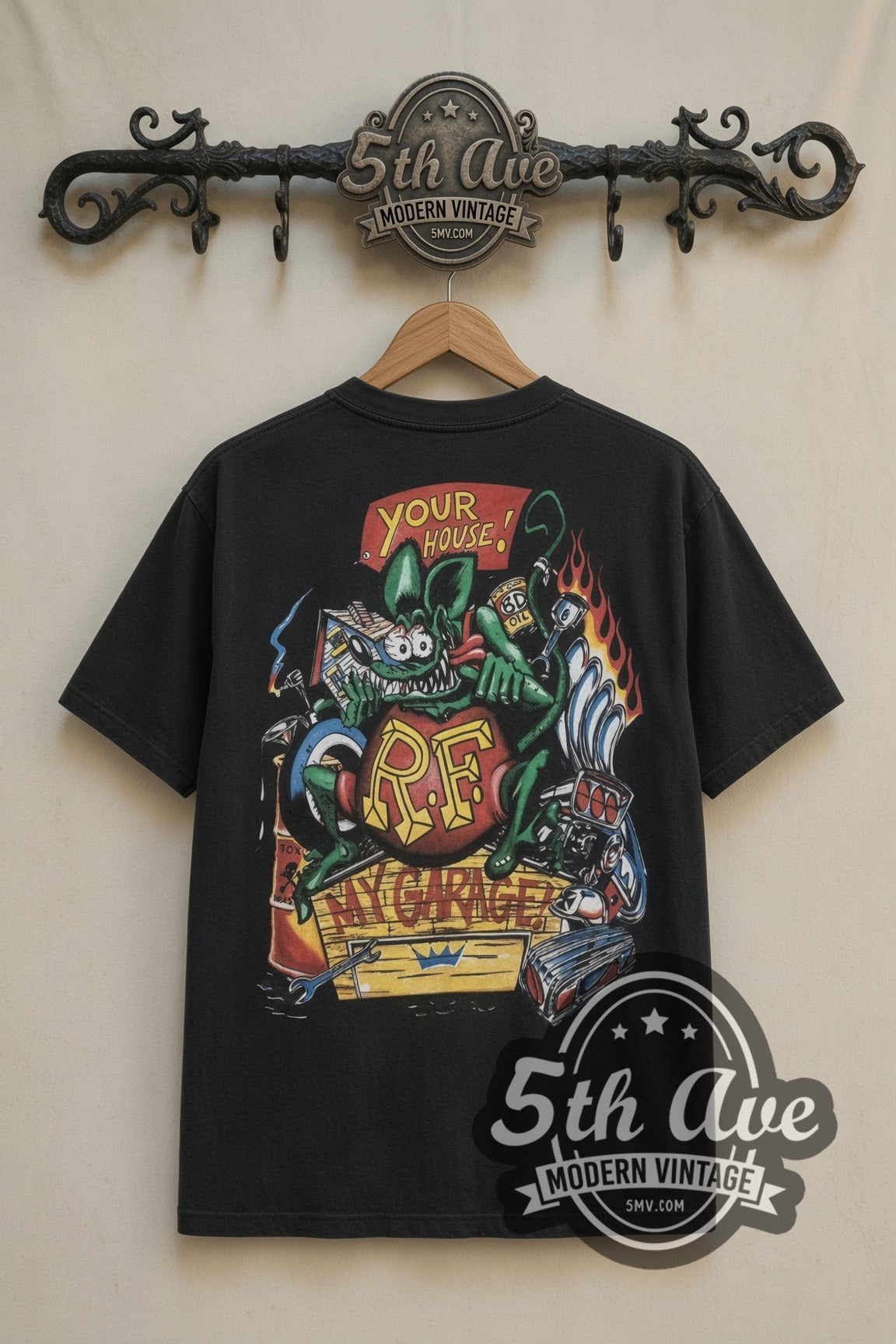 Rat Fink RF Hot Rod Garage cartoon tee in black, back view on a display rack