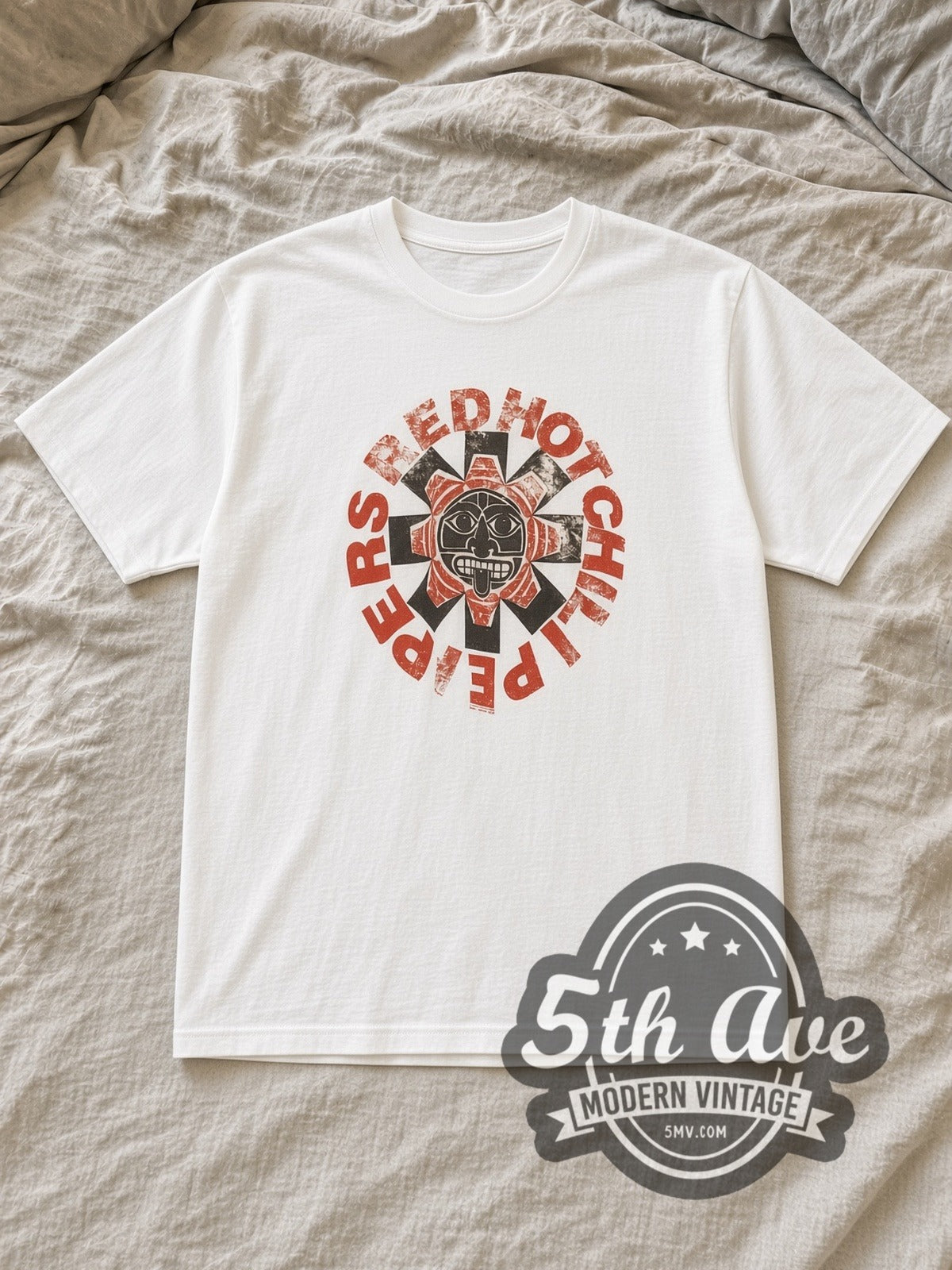 White Red Hot Chili Peppers Aztec Sun Asterisk Logo White Vintage Band T-Shirt laid flat on a linen bed